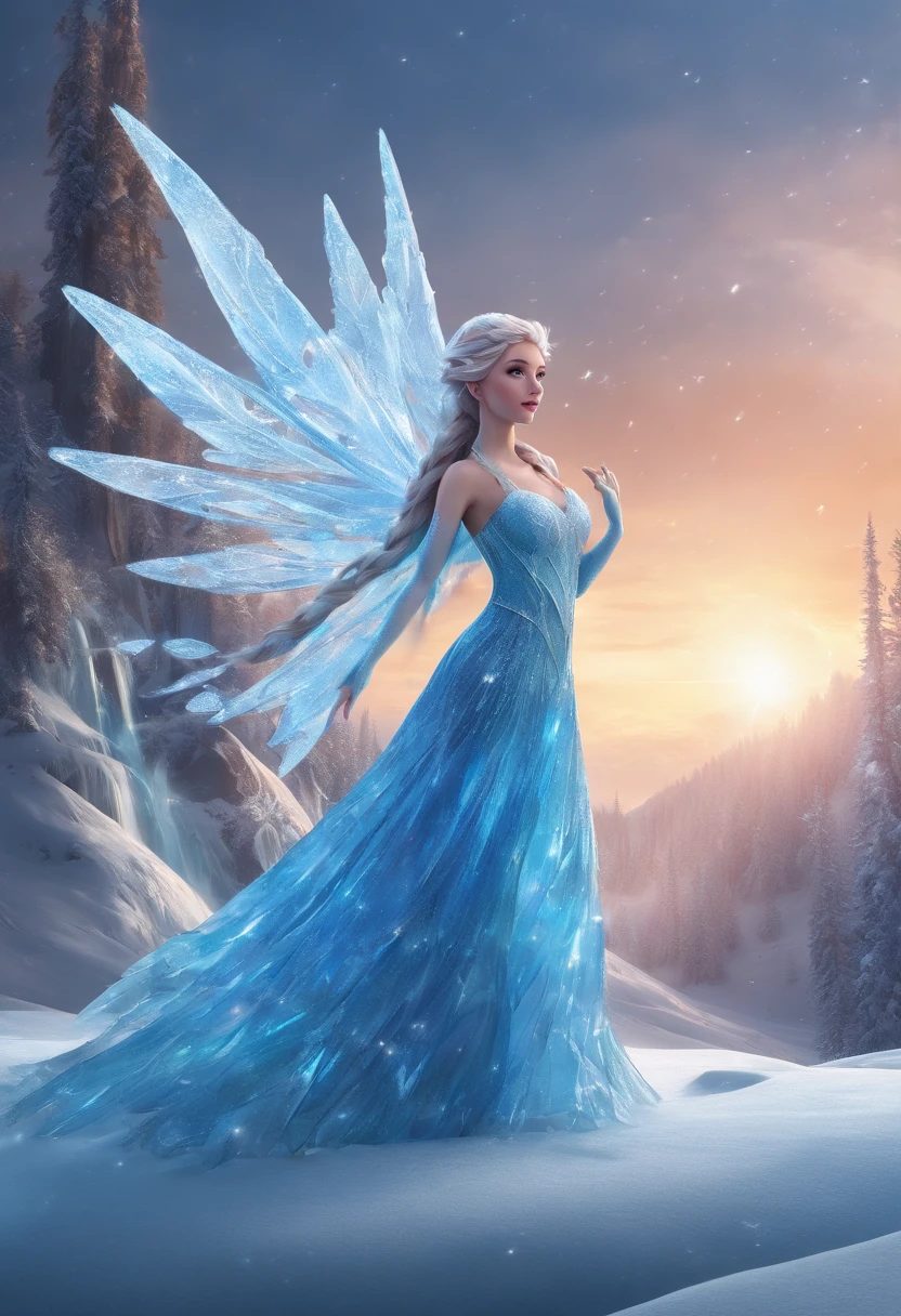 Artistic image of an ice fairy emerging from a frozen waterfall. The fairy has crystal wings and wears a sparkling ice dress. Her hair is braided with ice flowers and her eyes are a bright, piercing blue. With one hand, the fairy gently caresses the frozen crystals of the waterfall, while with the other she holds a sphere of frozen blue light that gives off an enchanting glow. Behind her, a frozen, snowy landscape extends endlessly, creating a magical and surreal atmosphere.