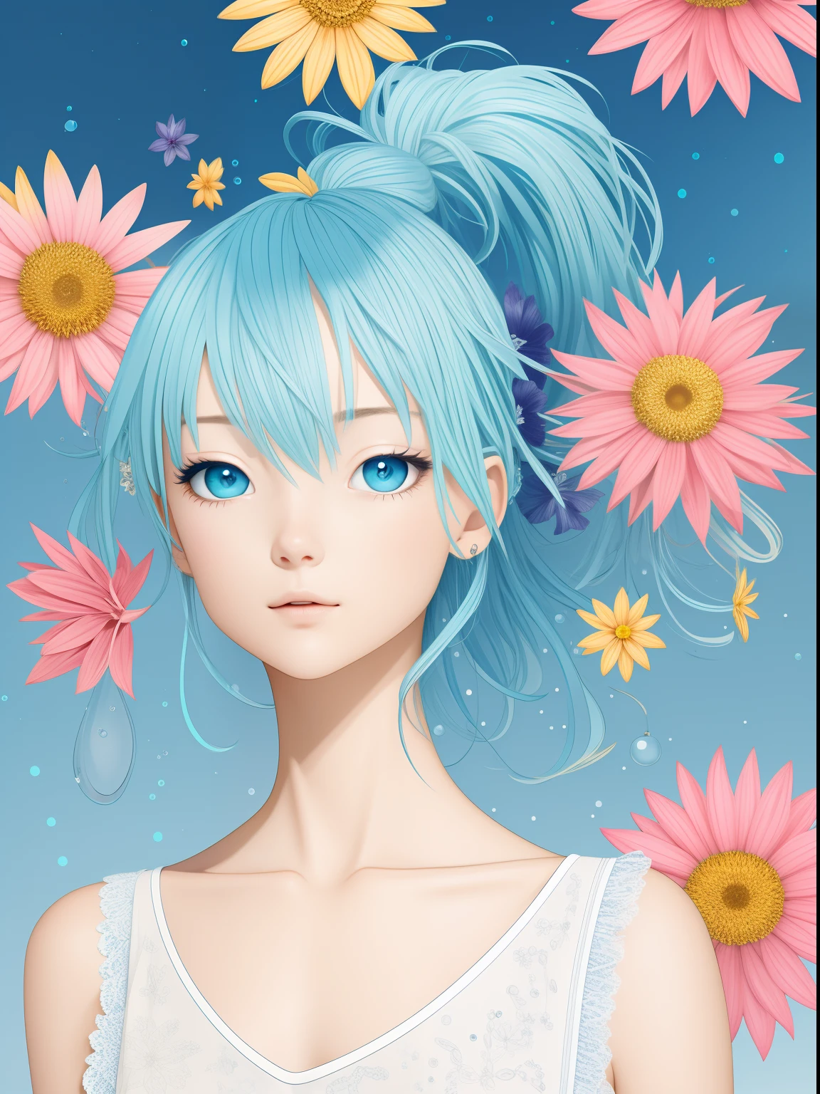 (masterpiece), (best quality), (ultra detailed),(disheveled hair),(illustration), (1girl), (Fashionable clothing), standing, Fashion model, looking at viewer, (interview), (simple background),beautiful detailed eyes, delicate beautiful face, Floating,(high saturation),(colorful splashes),colorful bubble,(shining), focus on face, ponytail, kamisato ayaka, light blue hair, bangs, hair ring, floating flowers, floating hairs, (shining), best lighting, best shadow,