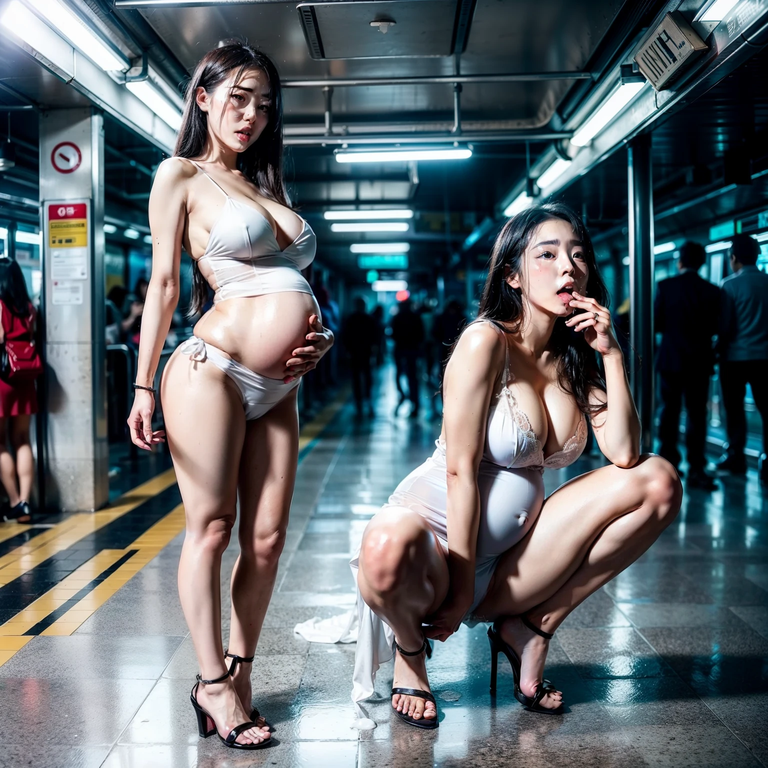 Two Korean brides,Pregnant women with,Wedding dresses,vacuum,spread their legs,Bend over and stand,Lift the hem,Bare legged,Wear an anklet on the left foot,High-heeled sandals,Open your mouth to show your tongue,A large amount of milky white liquid drops on the face and mouth,There is a milky white fluid in the abdomen,White liquid drips between the legs,There is a small puddle of white liquid at the feet,Be watched by the crowds in the subway,(Highest picture quality),(Delicate face,Blushlush),(scowling),(Long messy black hair),(Thin body),(Wheat complexion),(gigantic cleavage breasts,Excitation),(Wide crotch),(Big breasts Thin waist),There are few shadows,Natural soft light,back to look back,Full body vista