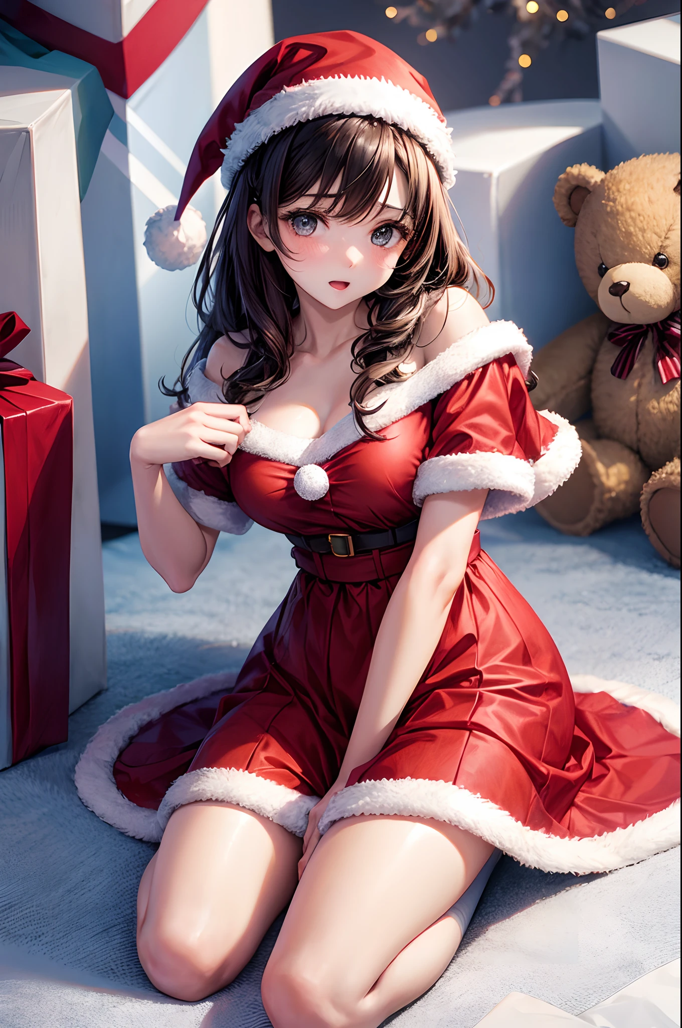 Cute girl on knees holding teddy bear top view Christmas