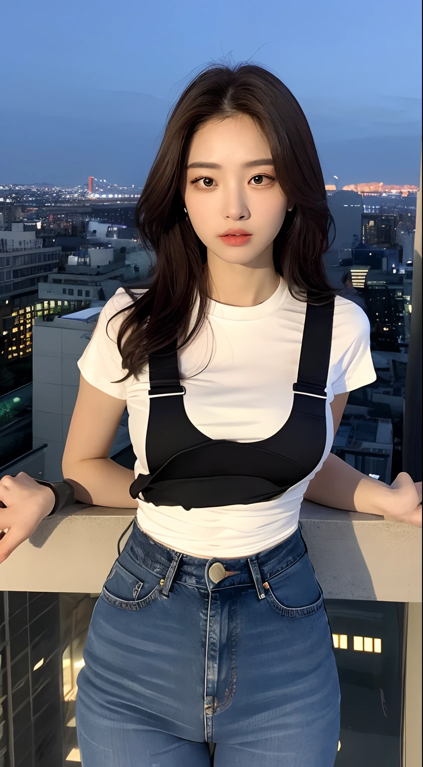 ((Midnight, Best quality, 8k, Masterpiece :1.3)), Whole body, Long legs, Sharp focus :1.2, A pretty woman with perfect figure :1.4, Slender abs :1.1, ((Dark brown hair, :1.2)), (White tight tshirt, Jean bib, Standing:1.2), ((Night city w, Rooftop:1.3)), Highly detailed face and skin texture, Detailed eyes, Double eyelid