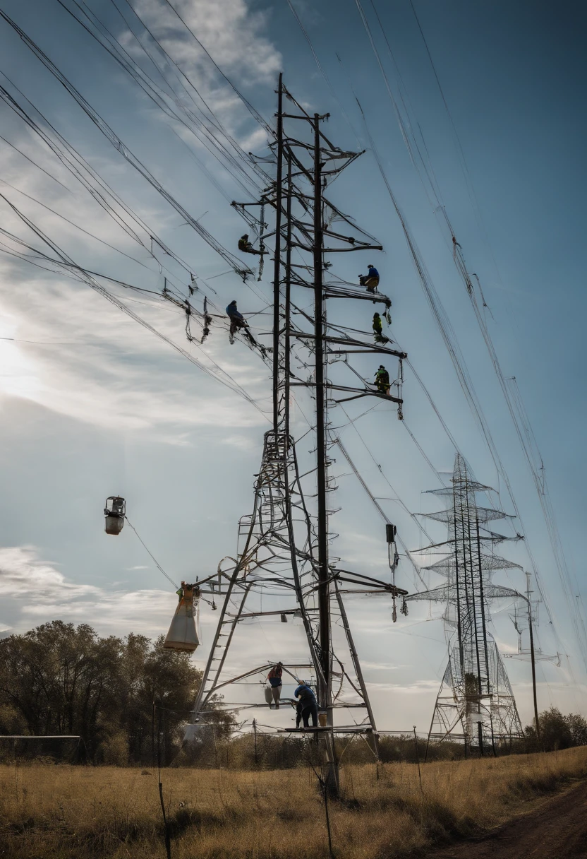 Create an image that highlights the services of Telemont, a leading company in the telephone and energy sectors. In the image, vividly and dynamically represent Telemont telephone technicians climbing ladders propped up on power poles while carrying out their work. Be sure to convey the dedication, safety, and professionalism of the Telemont team who work tirelessly to keep communications and power running smoothly. The image should communicate the company's mission to connect people and provide reliable energy to improve the quality of life in communities.