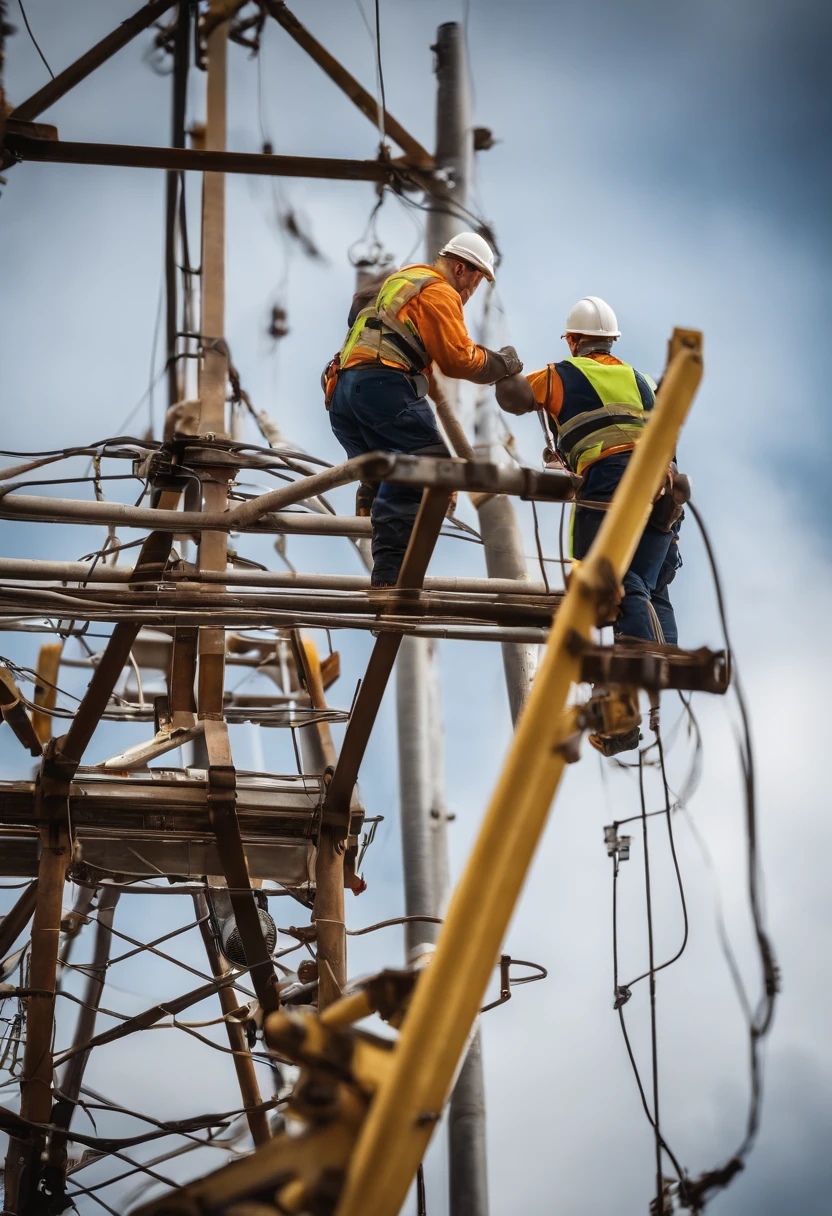 Create an image that highlights the services of Telemont, a leading company in the telephone and energy sectors. In the image, vividly and dynamically represent Telemont telephone technicians climbing ladders propped up on power poles while carrying out their work. Be sure to convey the dedication, safety, and professionalism of the Telemont team who work tirelessly to keep communications and power running smoothly. The image should communicate the company's mission to connect people and provide reliable energy to improve the quality of life in communities.