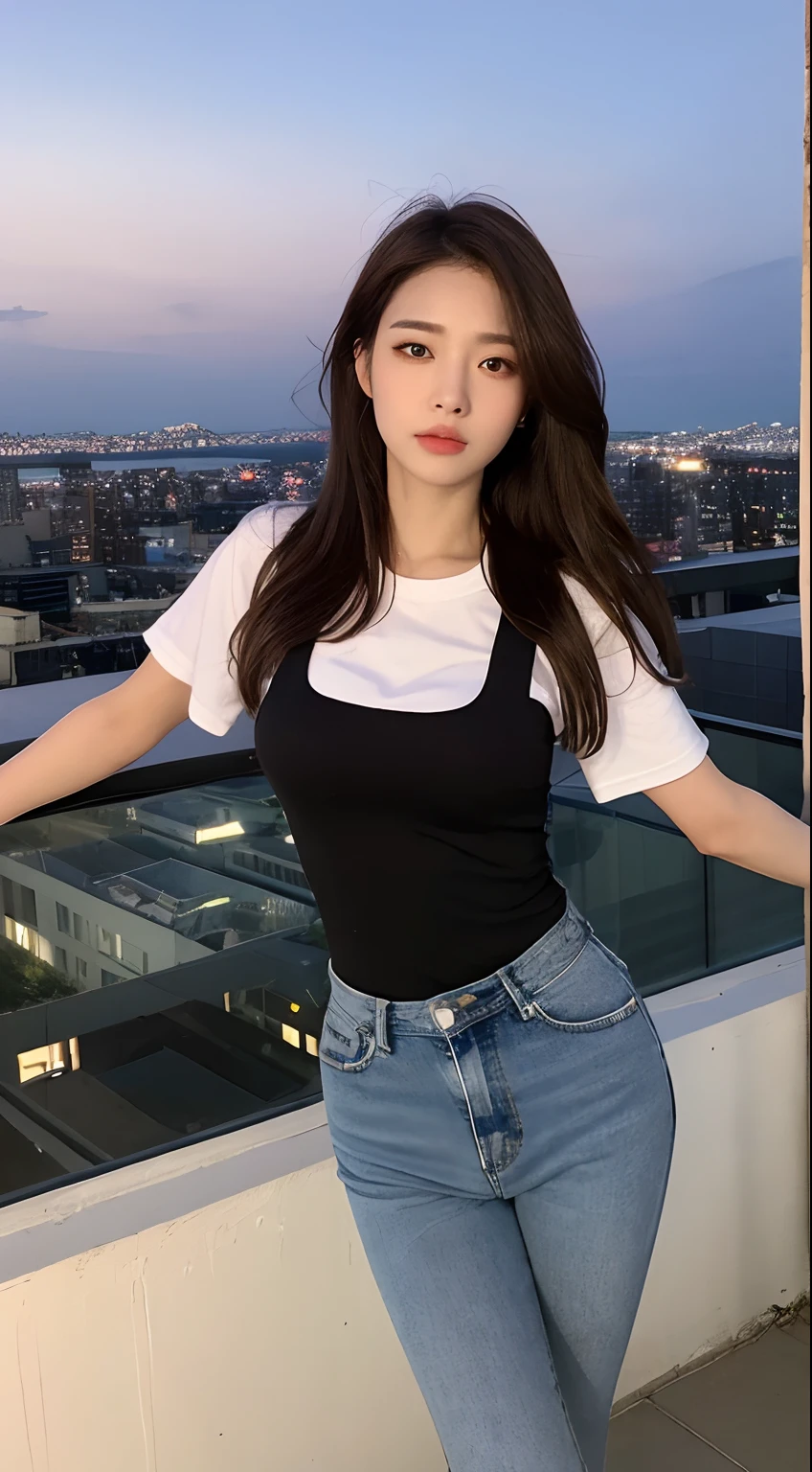 ((Midnight, Best quality, 8k, Masterpiece :1.3)), Whole body, Long legs, Sharp focus :1.2, A pretty woman with perfect figure :1.4, Slender abs :1.1, ((Dark brown hair, Big breasts :1.2)), (White tight tshirt, Jean bib, Standing:1.2), ((Night city view, Rooftop:1.3)), Highly detailed face and skin texture, Detailed eyes, Double eyelid