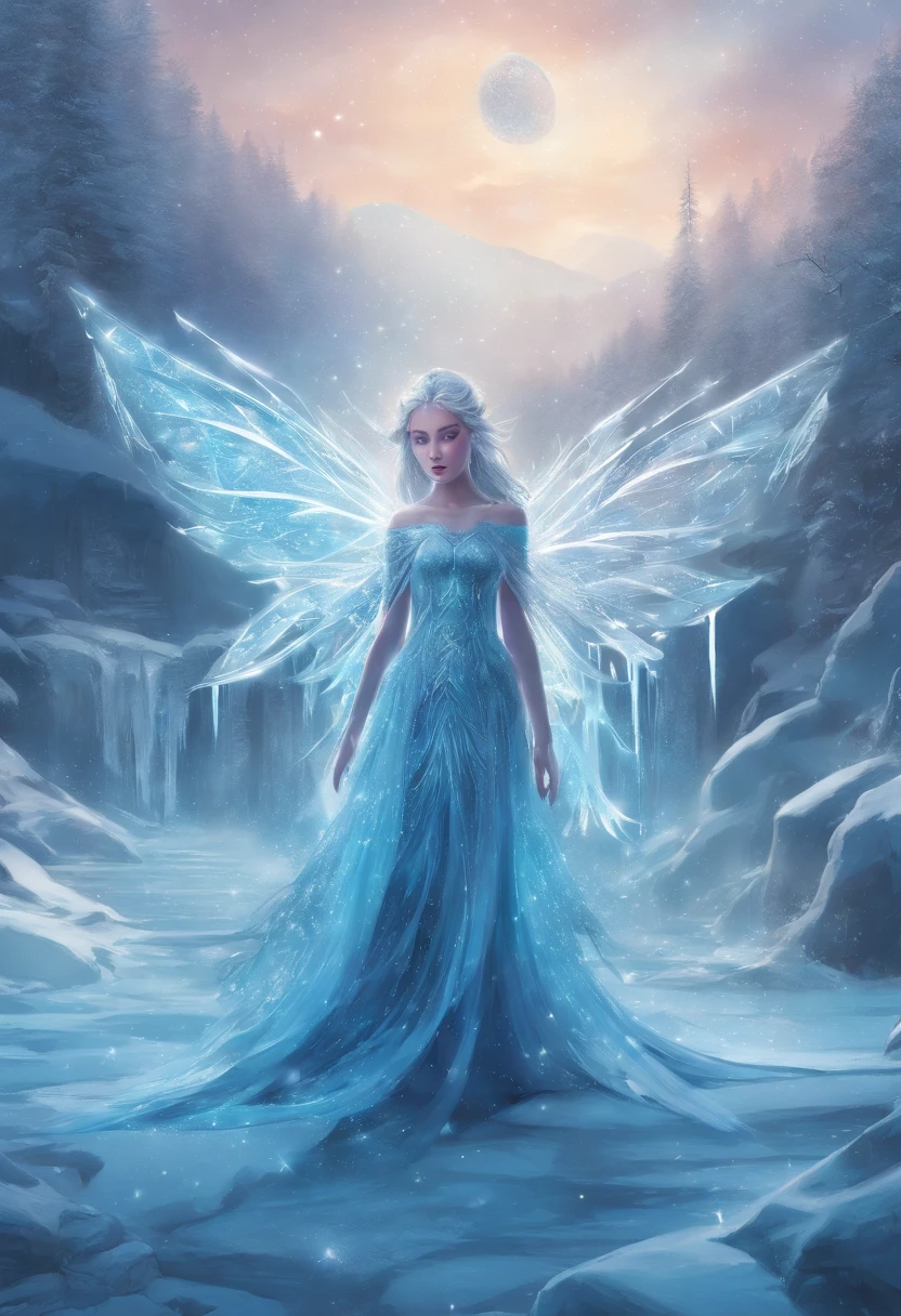 Artistic image of an ice fairy emerging from a frozen waterfall. The fairy has crystal wings and wears a sparkling ice dress. Her hair is braided with ice flowers and her eyes are a bright, piercing blue. With one hand, the fairy gently caresses the frozen crystals of the waterfall, while with the other she holds a sphere of frozen blue light that gives off an enchanting glow. Behind her, a frozen, snowy landscape extends endlessly, creating a magical and surreal atmosphere.
