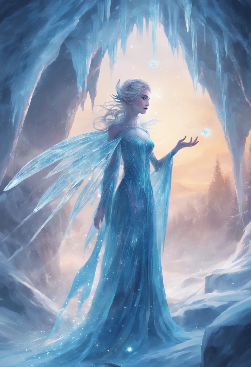 Artistic image of an ice fairy emerging from a frozen waterfall. The fairy has crystal wings and wears a sparkling ice dress. Her hair is braided with ice flowers and her eyes are a bright, piercing blue. With one hand, the fairy gently caresses the frozen crystals of the waterfall, while with the other she holds a sphere of frozen blue light that gives off an enchanting glow. Behind her, a frozen, snowy landscape extends endlessly, creating a magical and surreal atmosphere.