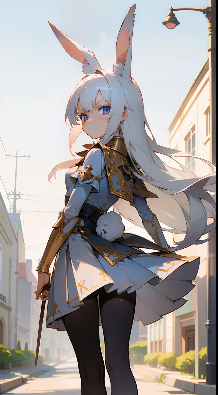 Anime,1rabbit girl,(small,???),solo,white hair,Long rabbit ear,blue eyes,long hair,templar silver knight outfit,golden skirt,masterpiece,best face,detailed face,innocent face,walking in the road,serious face,black pantyhoses