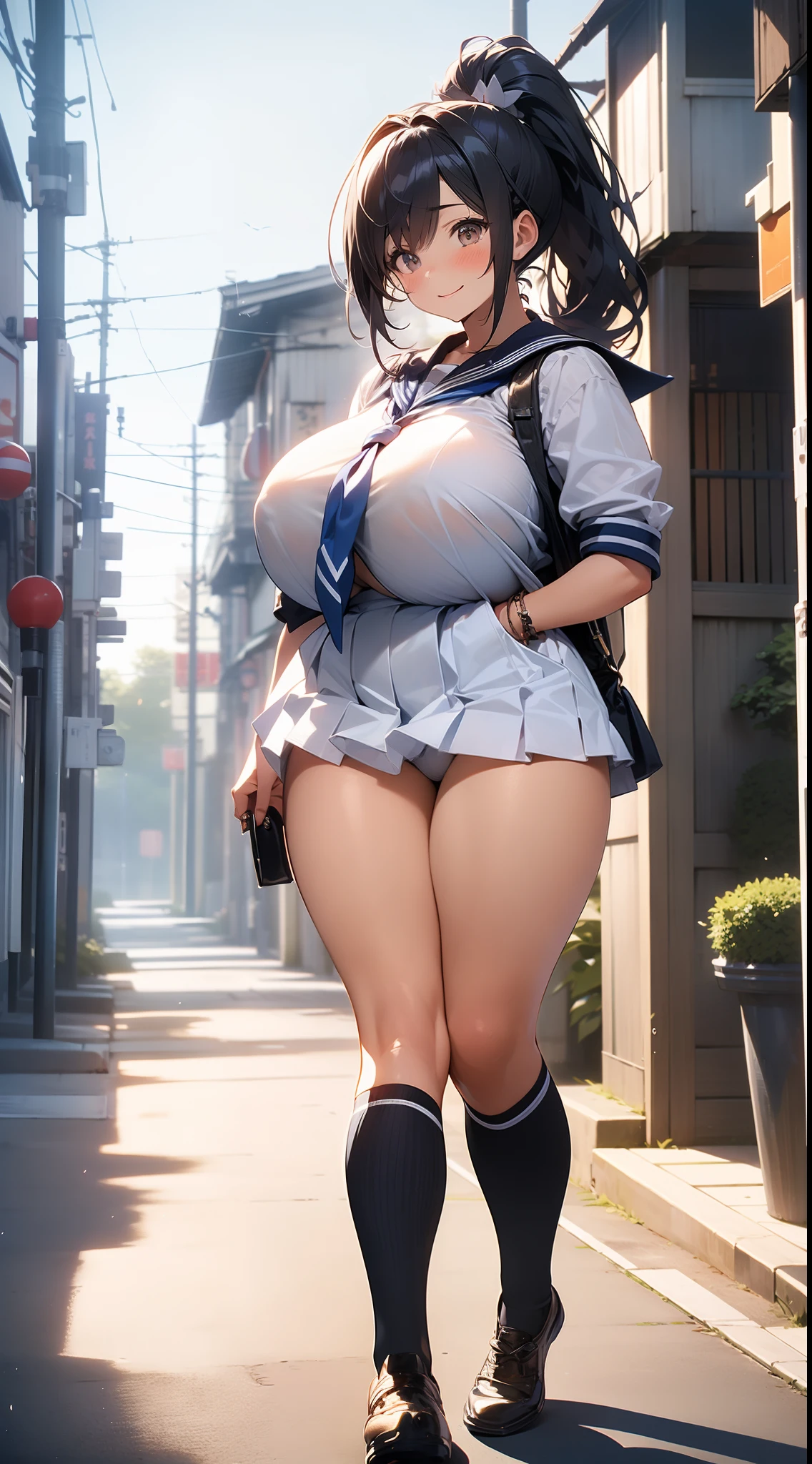 Cute girl with ridiculously huge breasts,Ultramammy,huge gigantic breasts,very heavily hanging udder,well-muscled,Walk facing this way,Japan Sailor School Uniform,Black Thigh Socks,Ponytail with black hair,A delightful,Happy expression,Alleys in residential areas