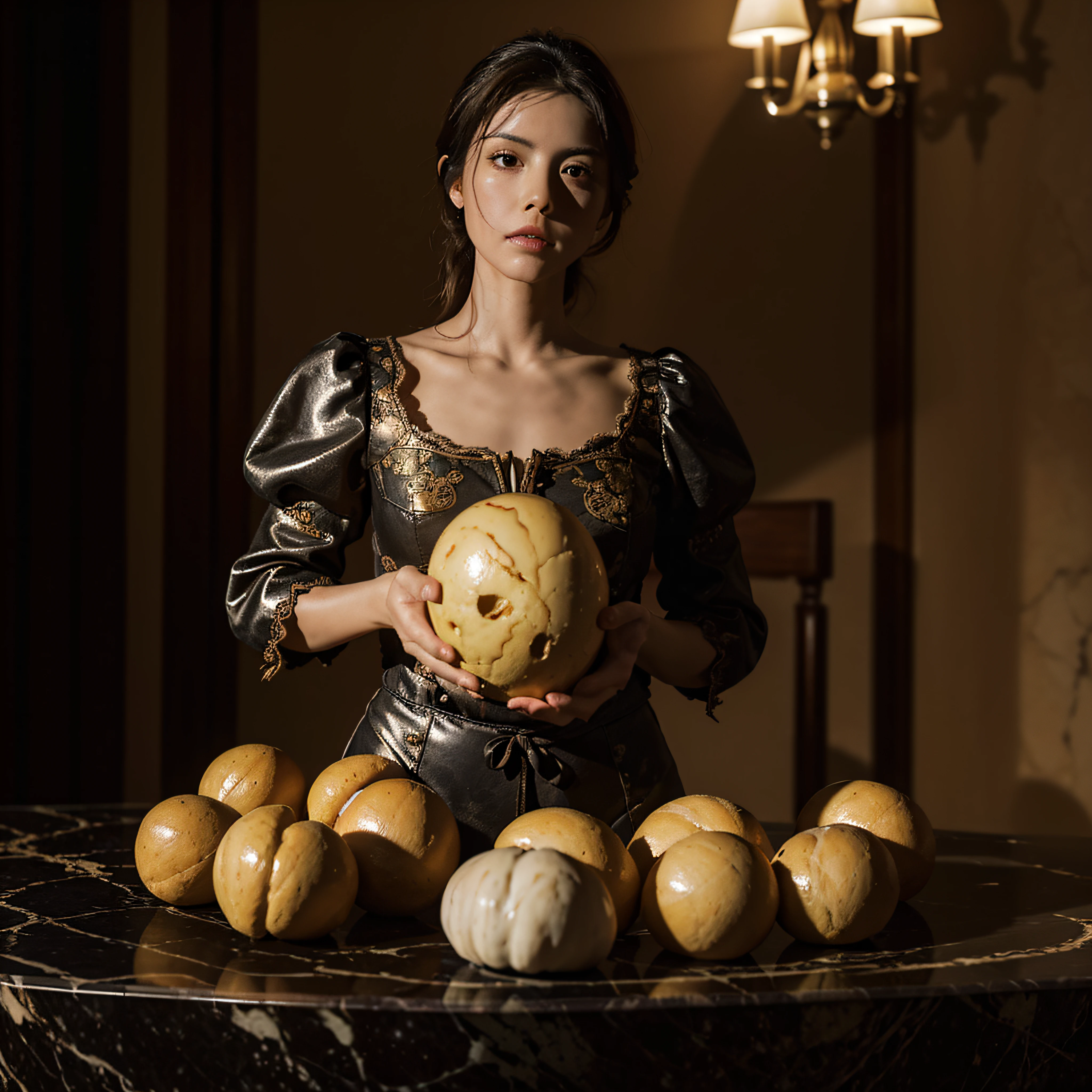 (extremadamente detallado, obra maestra, La mejor calidad, 4k), Estilo oscuro, volumetric illumination. Calaveras de queso, una encima de otra, melting on a marble table. Rococo composition.