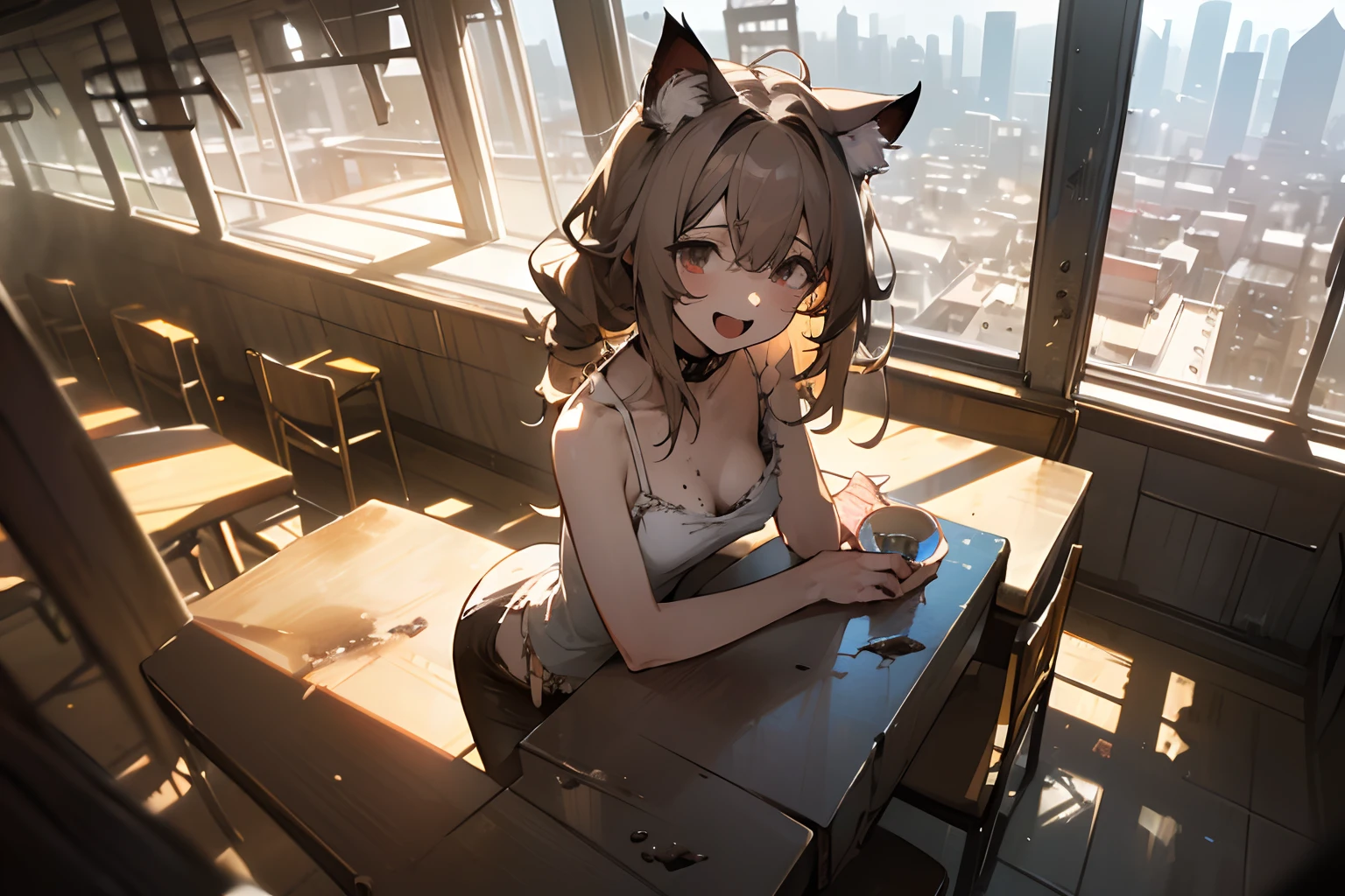 ((masuter piece)), in 8K, cinematic lighting、(Very unkempt hair, White plates piled on a dirty restaurant table、sit a chair), (exposed breast, Heavily battered and torn dirty white camisole, Slender small breasts, Wide open mouth and a very satisfied smile) Slum cityscape, Textured skin, Cat ears, Pale brown hair, Cute Beautiful Girl
