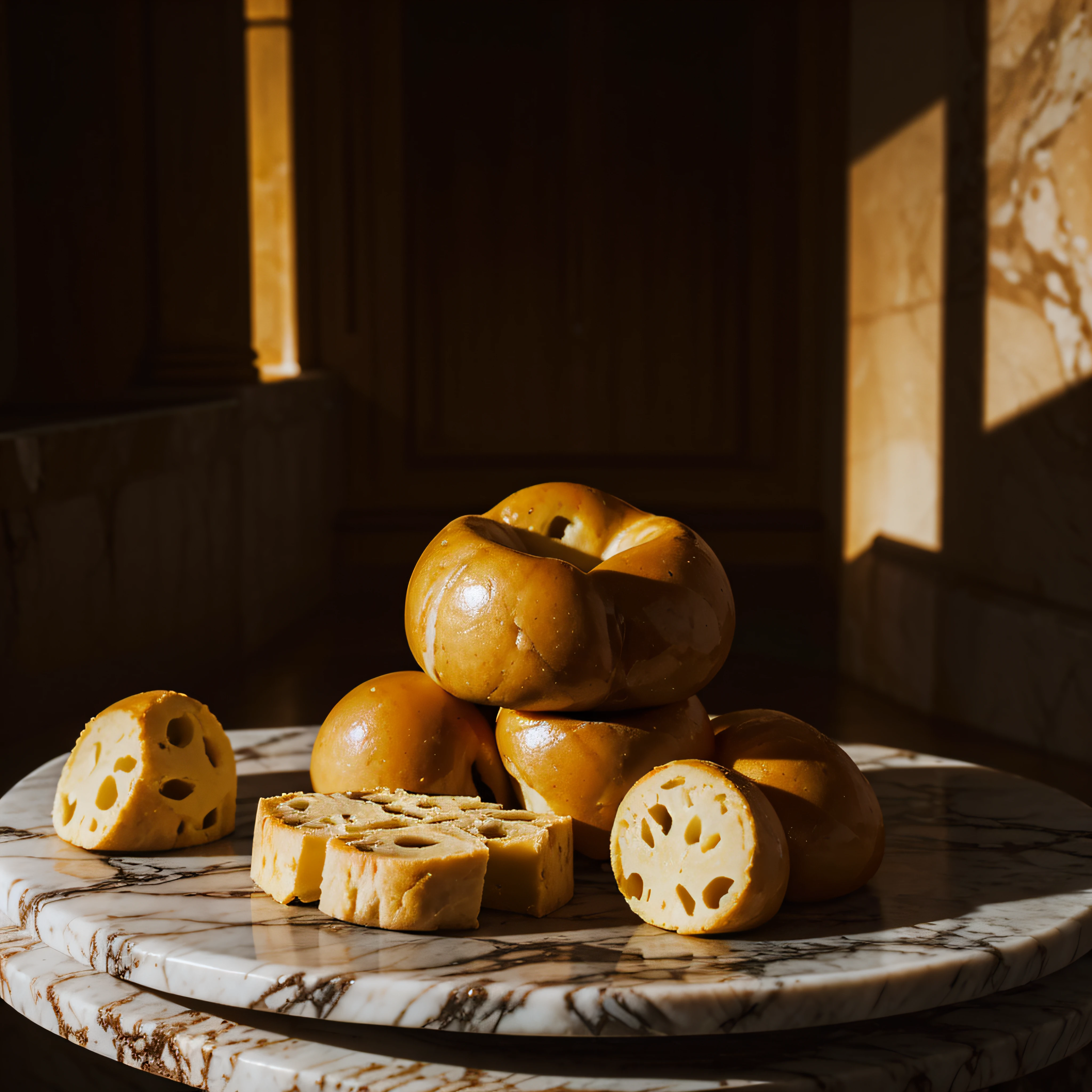 (extremadamente detallado, obra maestra, La mejor calidad, 4k), Estilo oscuro, volumetric illumination. Calaveras de queso, una encima de otra, melting on a marble table. Rococo composition.