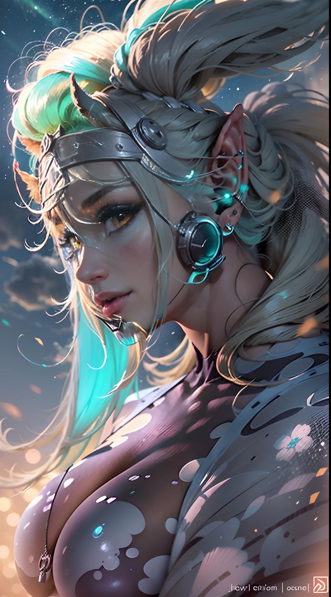 In a very grand scene,The extra-large wide-angle lens captures the appearance of a female centaur。(She is traveling through the stars:9.9),She is tall,It has the ultimate curvy beauty,The muscles are slender and firm,Beautiful lines。Her facial features are tough and coquettish,Always with a sunny smile。She wears special tight-fitting equipment with a strong sense of technology,Step on multifunctional off-road style heels,Delicate and practical protective gear is worn on the hands, feet, wrists, neck and shoulders。The detection equipment around you flashes various cue lights and neon-like information screens,Let her exude a charming brilliance。Use Midjourney's advanced tools,Design special tight-fitting equipment for female centaurs,Highlight her unique physiological characteristics and appearance details,Add realism。And in her adventure scene,Spectacular views of nature,Such as the sky where storms and sunny days alternate、Brilliant rivers of stars and auroras、The snow-capped summit of Mount Everest、Fireworks in the mountain town, etc。ao mesmo tempo,Away from the hustle and bustle of Long Beach Pier is a neon-lit spaceship docked,Create a fantastic scene。Use Midjourney's advanced tools and multiple color palettes、Brush Strokes、Texture tools and model packages,It shows a sense of atmosphere where beauty and charm coexist。The charm of the female centaur is highlighted through color and lines,Enhance realism with detailing,Create a surreal dreamy feeling。Additionally,Use Midjourney's tools to add a variety of extreme sports gear and cultural trinkets to the female centaur,Create intricate hairstyles and outfits,Give her a sense of premium。She never flinches,Regardless of the terrain,can respond quickly,Even the extreme geography and dangerous terrain of aliens cannot stop her。Use Midjourney's powerful tools,You can do it with incredible detail and beauty,Bring this ultra-grand and beautiful scene to life。Ultra-grand scenes,super wide shot, hdr,(真实感,Masterpiece quality,