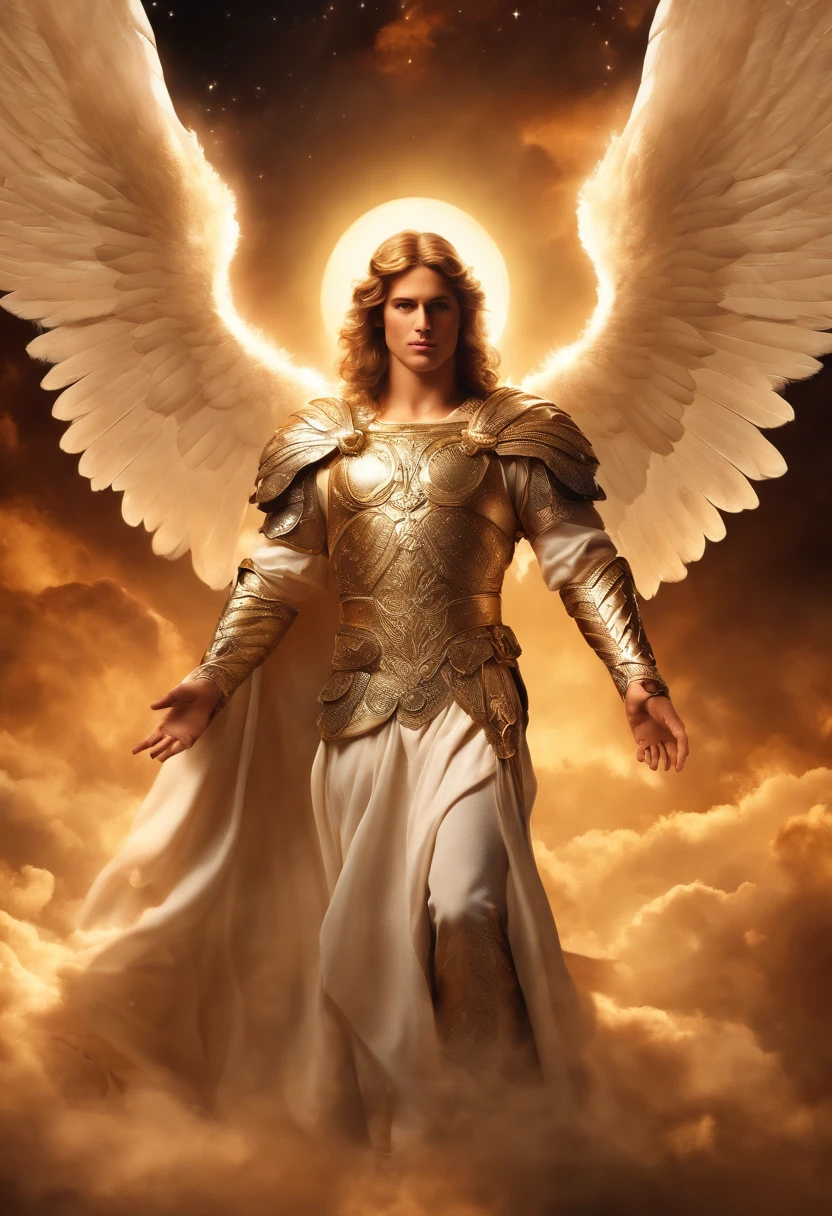 Male characters, Michael the archangel, Celestial images, intricately details, realisticlying, Rosas and big wings, Angel background, Catholic illustration image of Michael the archangel, The male character of the Bible, Michael wears his angel armor, universe background, Archangel and lighting in the background, The image of the angel's whole body, The finest detail and his angelic face and wings, Realistic and perfect skin, Maximum image quality, Miguel he is highlighted in images in intense and gorgeous colors.
