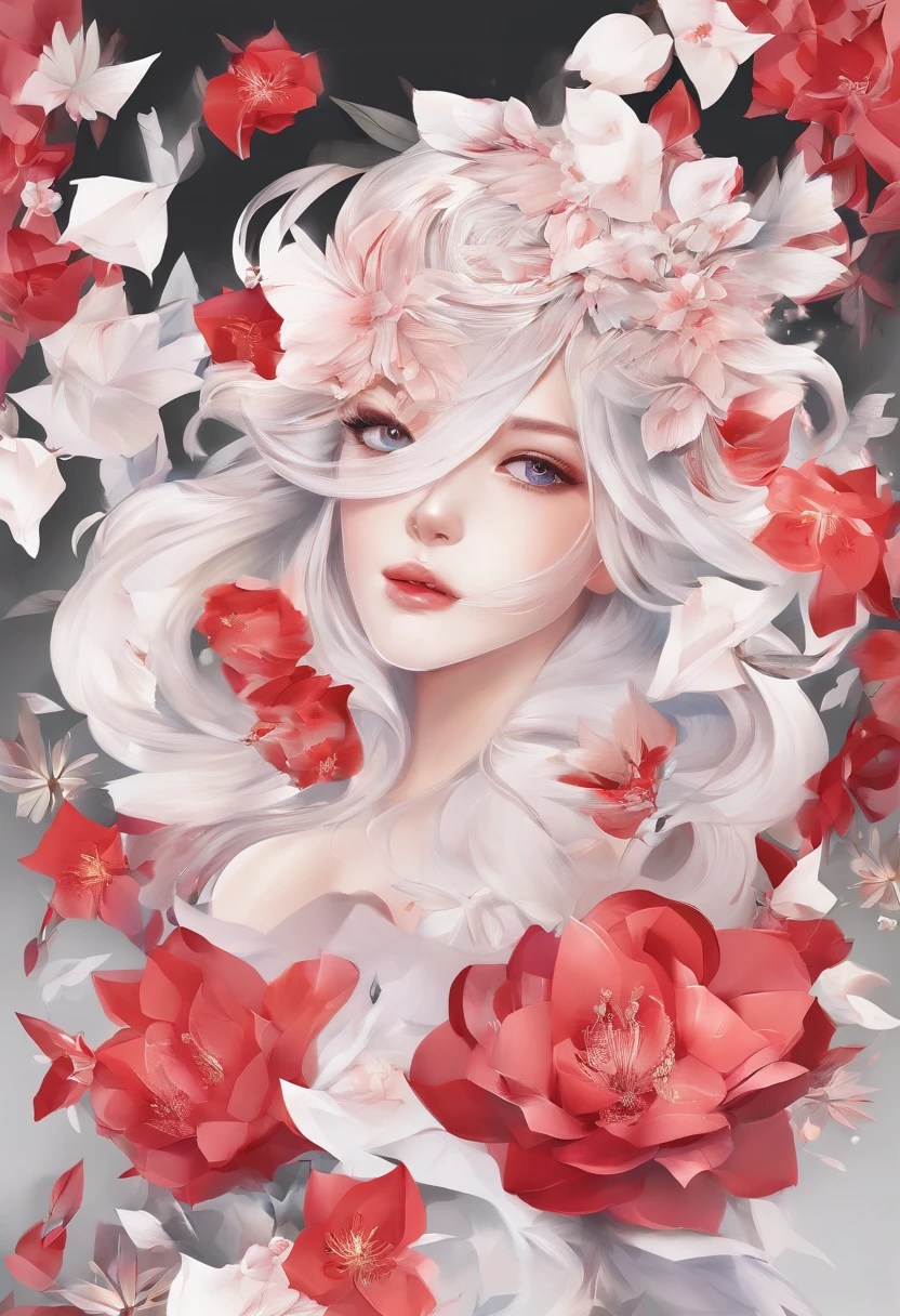 (ellegance: 1.2), opulent, long whitr hair, ventania, (ellegance: 1.3), (petals: 1.4)，(((Masterpiece))),(((Best quality at best))),((ultra - detailed)),(illustratio),(dynamic angle),((floatking)),((Loose hair)),(Solo),(1girll) , (( (Detailed anima face))),((Beautiful detailed face)),collars,Beautiful detailed eyes,(Gradient color eyes),(( （Colored eyes））），（（（coloured background））），（（（high saturated））），（（（Surrounded by colorful splashes））），Pomegranate flowers，red colour，fiery red，Petals are layered，It gives a delicate feeling，It is a symbol of summer，It's passionate，Full of life and vitality，The flowers are brightly colored，The flowers are large and eye-catching，Let people see its beauty at a glance，auspicious、A symbol of prosperity，Commonly used for decoration and carving