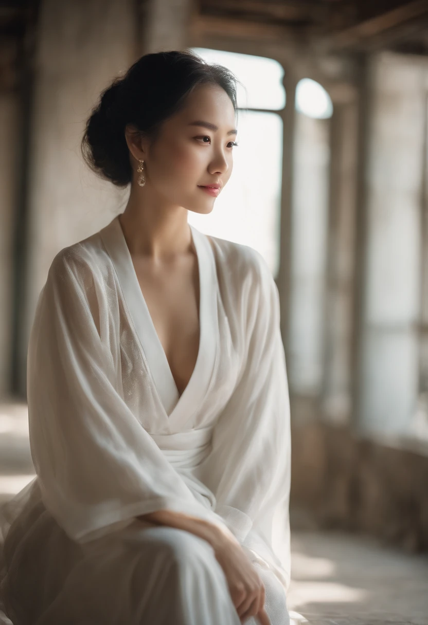 A young woman in a white gaze robe poses inside an abandoned building, Capture moments of candidness, xiaofei yue, webcam, Beautiful women, poolcore, Sweet, Cute, Japanese woman, HD facial and body features, interior scenes, Natural lighting with studio lighting, Realistic skin, Elaborate Eyes, Smiling lips, full bodyesbian, An award-winning photographer in high definition format Kodak Portra 800 Film SMC Takuma 105mm f/ 8 C 50, Overexposure. Ultra Realistic Photo, Highly detailed, detailed hairs, Detailed skin, Detailed eyes, 8k --vs 53:89 --q 2 --s 750 --v 5.1