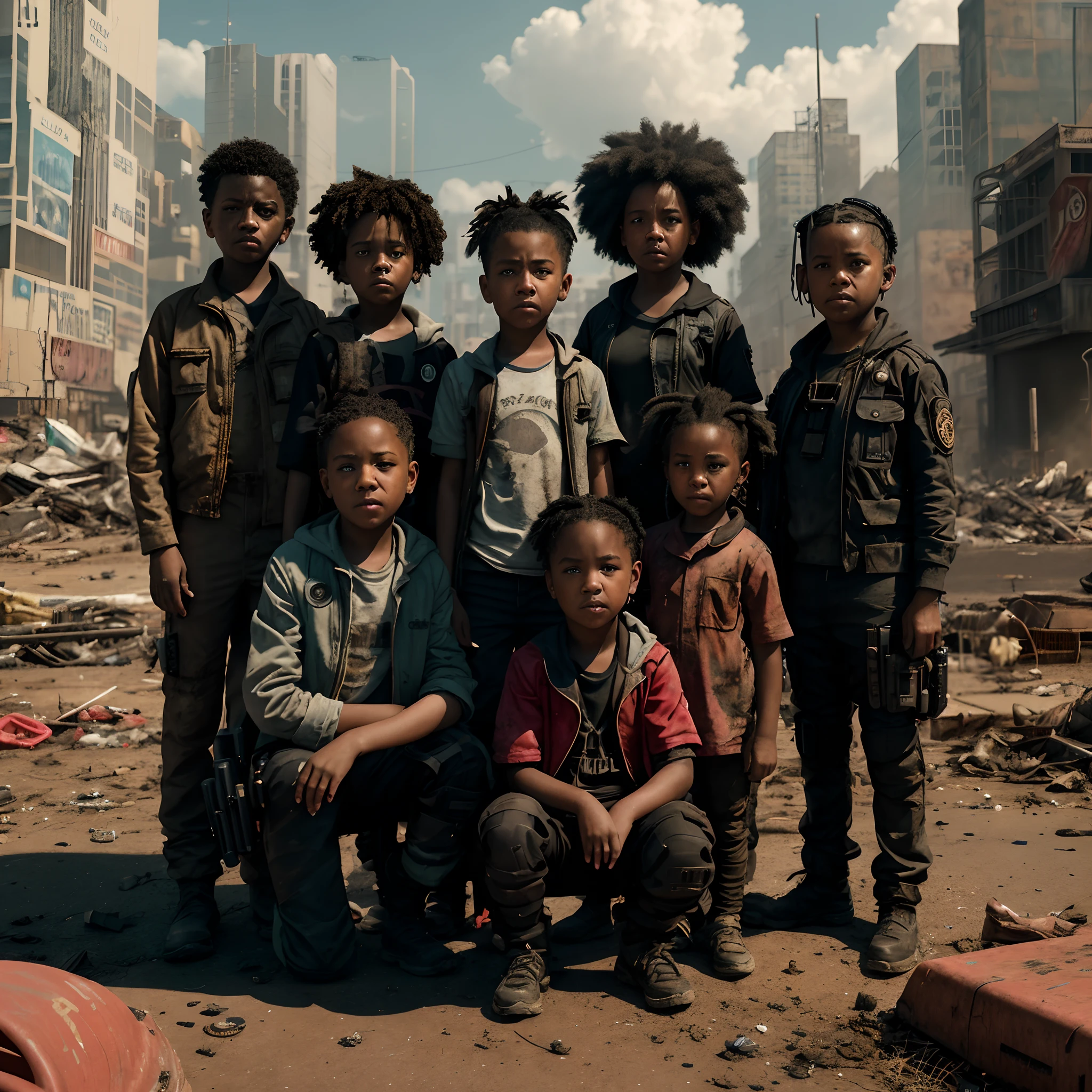 there are many children posing for a picture in a dirty city, from a 2 0 1 9 sci fi 8 k movie, 8 k movie still, greg beeple, cinématique”, absolutely outstanding image, cinematic beeple, love death and robots, promotional image, award winning cinematic still, award-winning sci-fi, afrofuturism