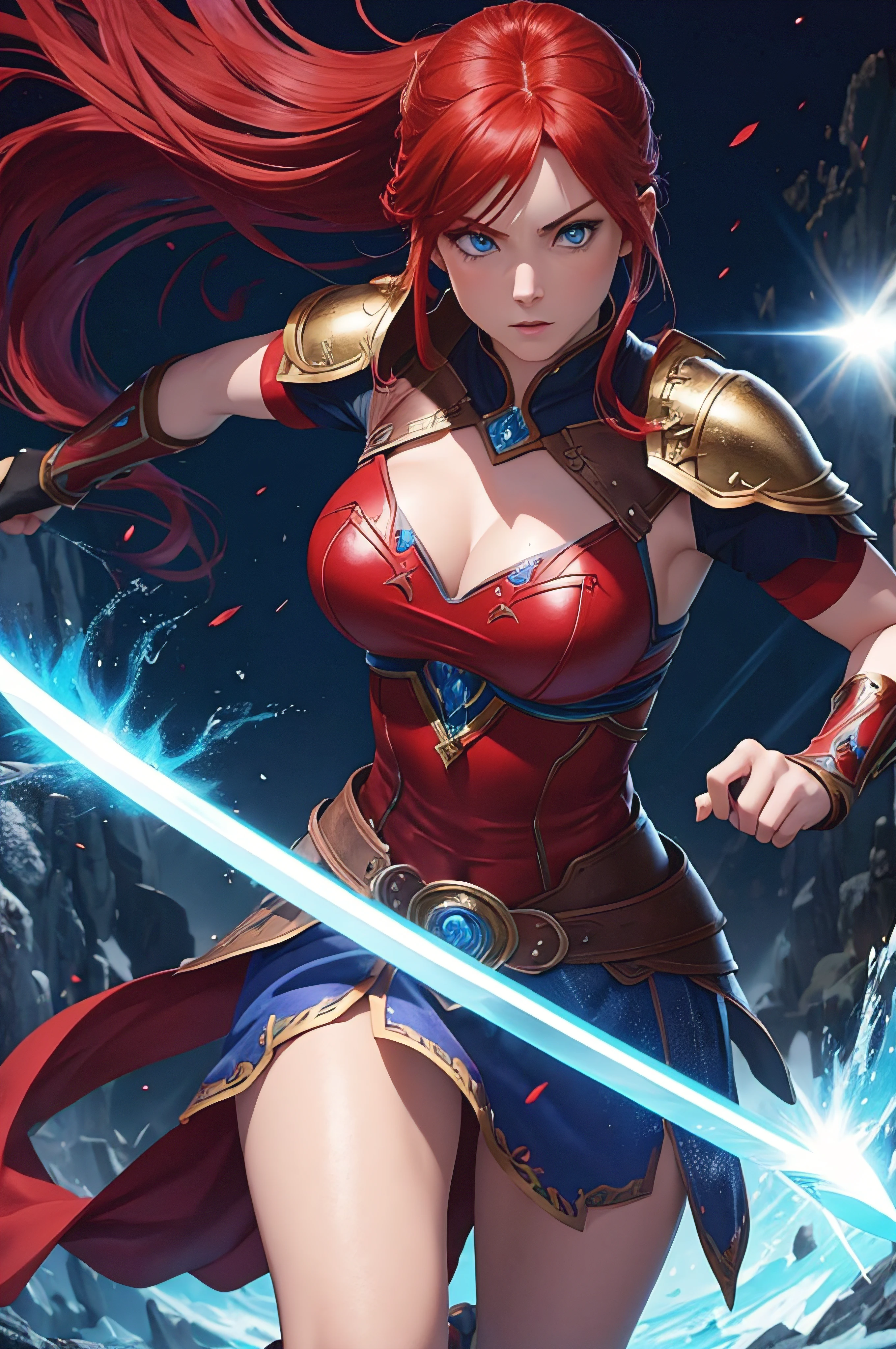 Make a blue-eyed, red-haired Amazon in a warrior outfit by unleashing a super magic from her sword, cores vibrantes, contraste e brilho perfeito, estilo cinema, 16k, super atraente