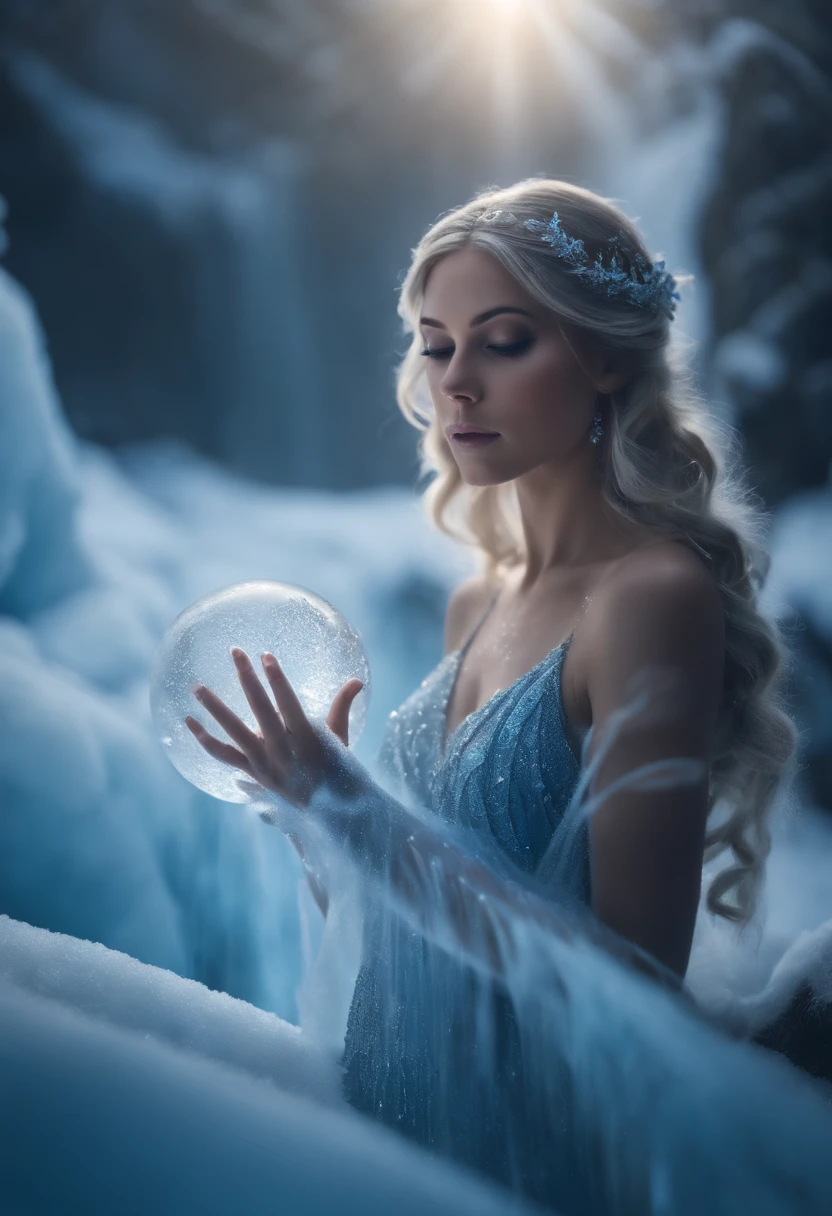 Artistic image of an ice fairy emerging from a frozen waterfall. The fairy has crystal wings and wears a sparkling ice dress. Her hair is braided with ice flowers and her eyes are a bright, piercing blue. With one hand, the fairy gently caresses the frozen crystals of the waterfall, while with the other she holds a sphere of frozen blue light that gives off an enchanting glow. Behind her, a frozen, snowy landscape extends endlessly, creating a magical and surreal atmosphere.