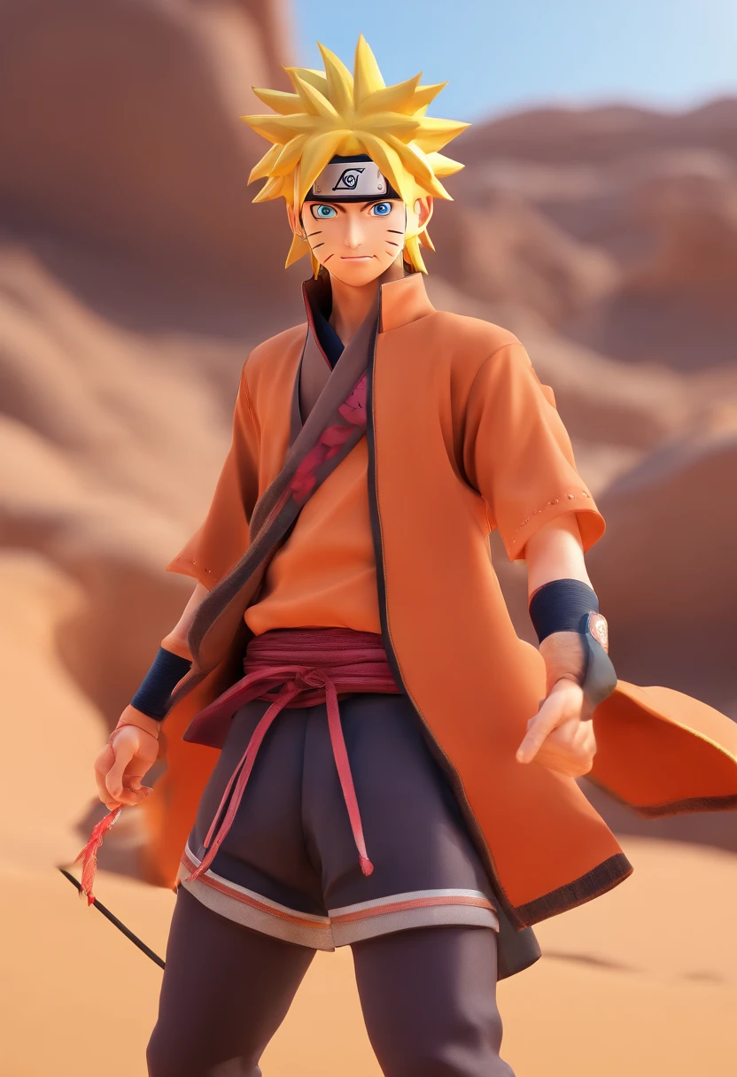 Naruto in rajsthani outfit at desert,ultra HD quality, ultra realistic background, ultra realistic face,4k ultra realistic, sunrise,