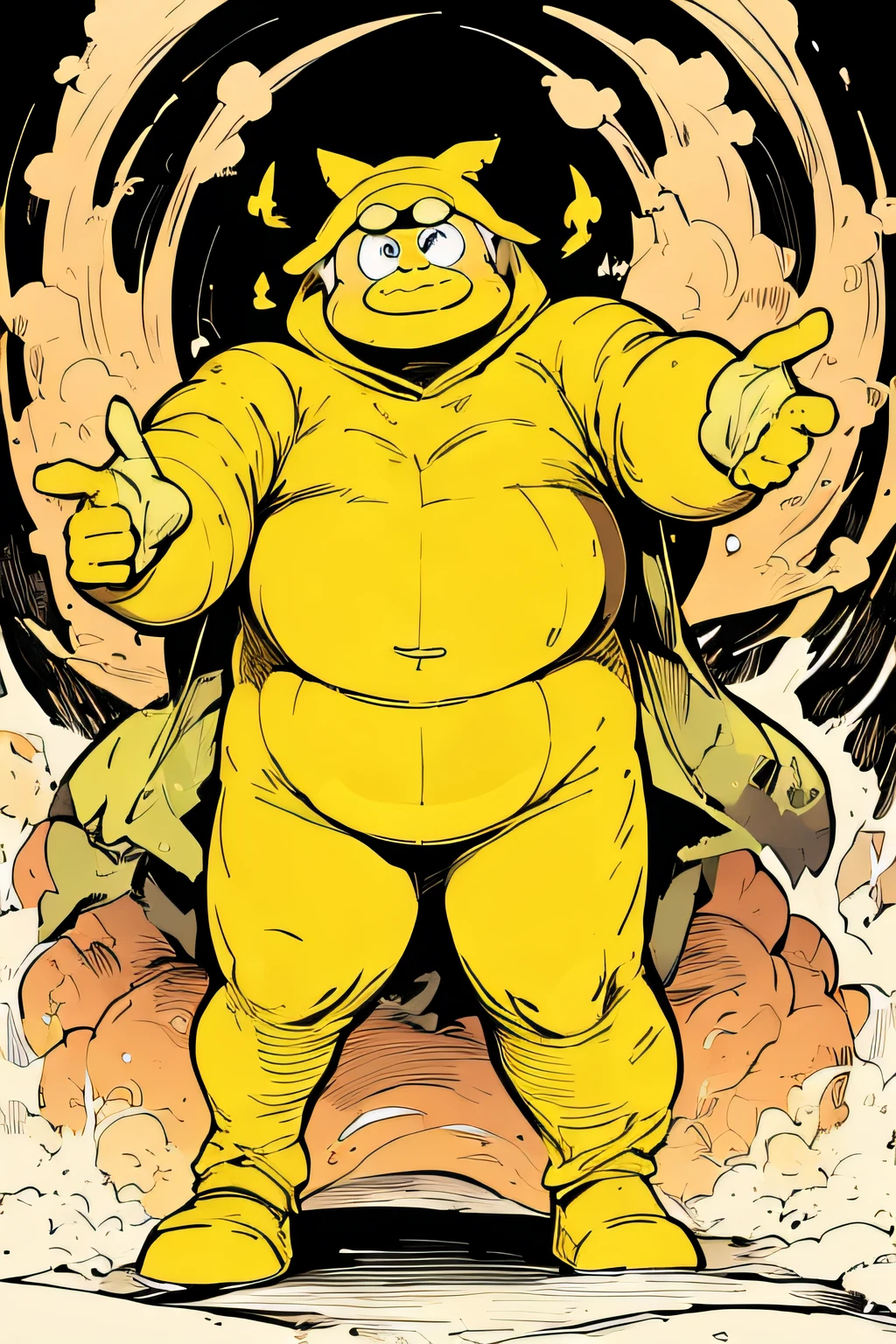 Plump giant in yellow costume、Funny poses、Yellow flame