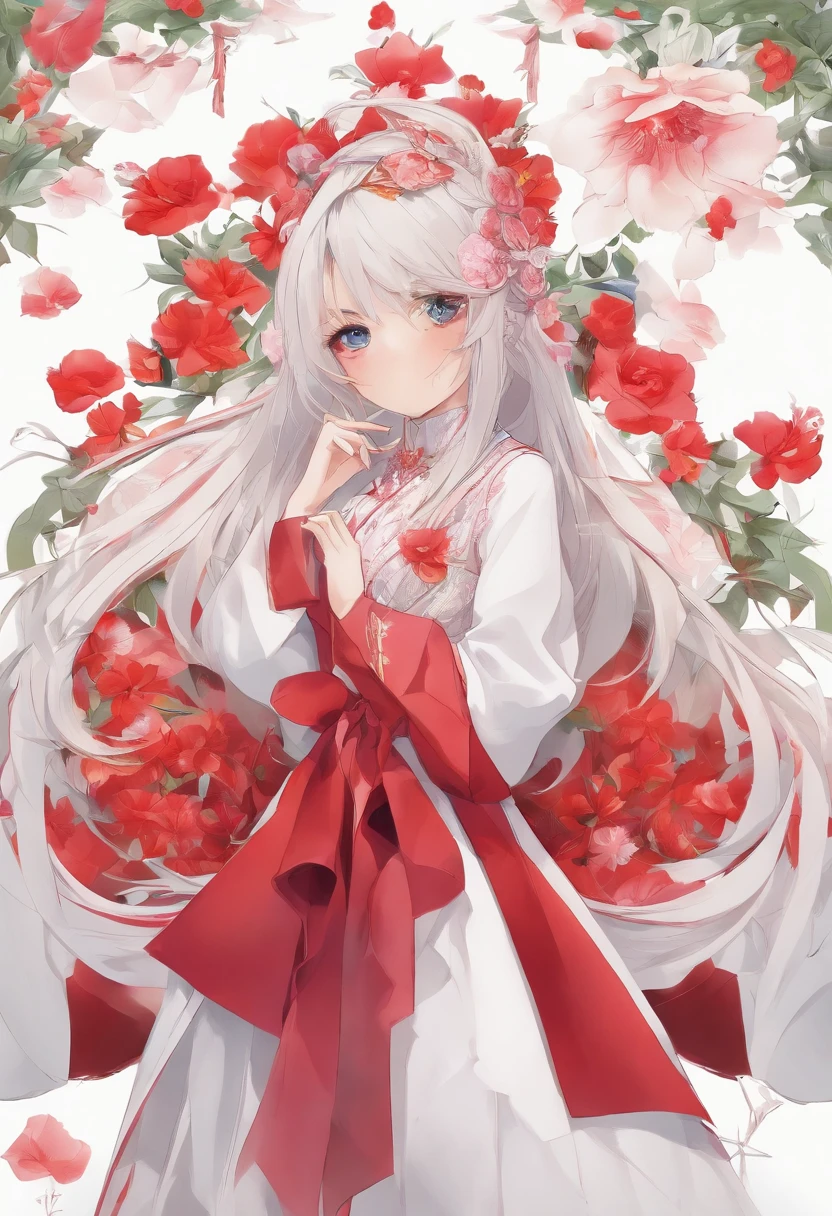 (ellegance: 1.2), opulent, long whitr hair, ventania, (ellegance: 1.3), (petals: 1.4),(((Masterpiece))),(((Best quality at best))),((ultra - detailed)),(illustratio),(dynamic angle),((floatking)),((Loose hair)),(Solo),(1girll) , (( (Detailed anima face))),((Beautiful detailed face)),collars,Beautiful detailed eyes,(Gradient color eyes),(( (Colored eyes))),(((coloured background))),(((high saturated))),(((Surrounded by colorful splashes))),Pomegranate flowers,red colour,fiery red,Petals are layered,It gives a delicate feeling,It is a symbol of summer,It's passionate,Full of life and vitality,The flowers are brightly colored,The flowers are large and eye-catching,Let people see its beauty at a glance,auspicious、A symbol of prosperity,Commonly used for decoration and carving