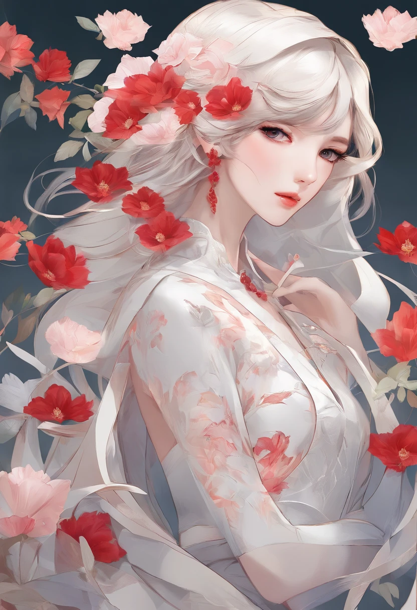 (ellegance: 1.2), opulent, long whitr hair, ventania, (ellegance: 1.3), (petals: 1.4),(((Masterpiece))),(((Best quality at best))),((ultra - detailed)),(illustratio),(dynamic angle),((floatking)),((Loose hair)),(Solo),(1girll) , (( (Detailed anima face))),((Beautiful detailed face)),collars,Beautiful detailed eyes,(Gradient color eyes),(( (Colored eyes))),(((coloured background))),(((high saturated))),(((Surrounded by colorful splashes))),Pomegranate flowers,red colour,fiery red,Petals are layered,It gives a delicate feeling,It is a symbol of summer,It's passionate,Full of life and vitality,The flowers are brightly colored,The flowers are large and eye-catching,Let people see its beauty at a glance,auspicious、A symbol of prosperity,Commonly used for decoration and carving
