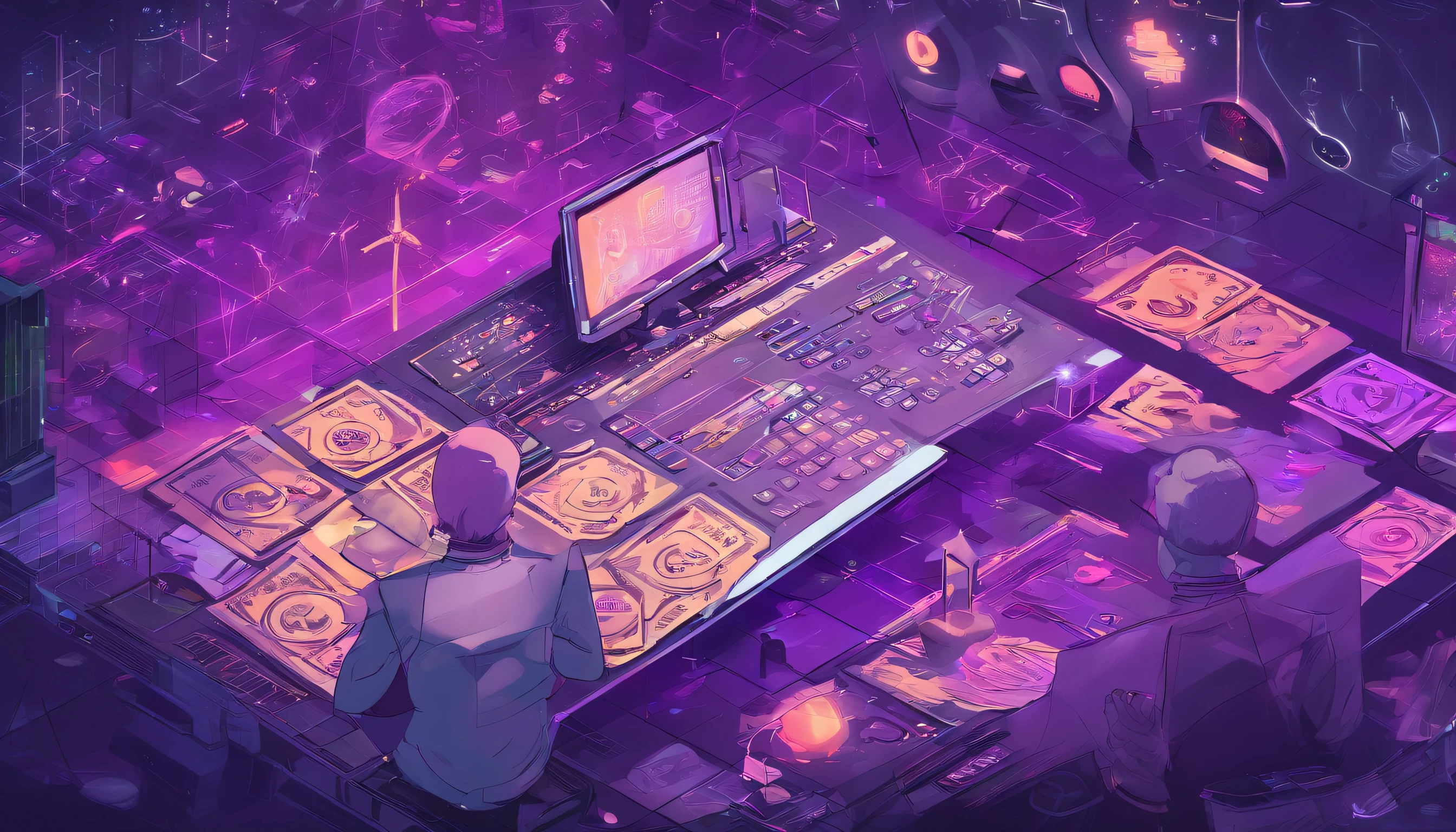 manager handelling dashboard with various knobs and buttons, surrounded by violet bloom, gradient fill , vector, icons of money , people. mesh network in the brackground. Dramatic lighting , wide field of view. dark mode, glow of icons, rim lighting with bloom