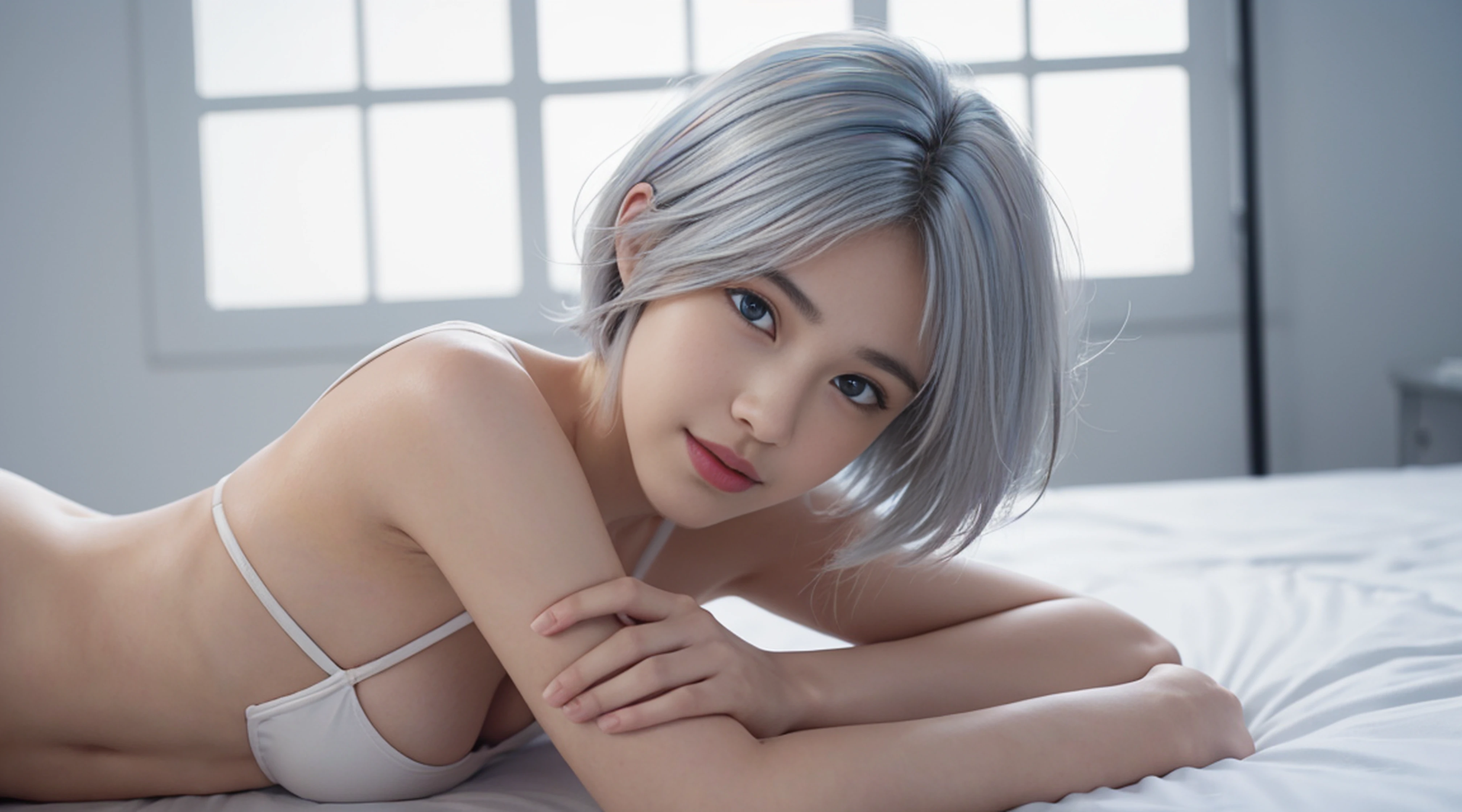 8K, Top Quality, Intricate Details, Ultra Detail, Ultra High Resolution, Masterpiece, random angle, Slender, Smile, (Makeup: 0.4), (Fluffy Blue Eyes: 1.21), blue Eyes,, ((full body)), 1girl, solo, 1 girl, (( full body)), close-up shot, lying down flat , , ((tall)), (((fit body))), (((slim face))), sharp face, sharp eyes, ((( ((alternate hair color)),half black hair, half white hair, medium hair, ))) (detailed face), sharp face, small lips, thin lips,
(( thongs)), detailed face, detailed breast, , large breast, detail, , Beautiful girl with accentuated slender abs: 1.4, Six Pack Abs: 1.4, Bust Botox, Big, Perfect Body, detail leg, (( moonlight)), top of mountain