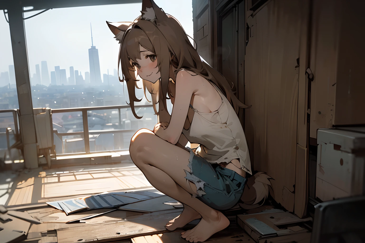((masuter piece)), in 8K, from side, cinematic lighting、(Very unkempt hair, A large dog is in front、Squat down to say hello), (exposed breast, Tattered and torn dirty white camisole, Slender small breasts, Sweaty、a smile) Slum cityscape, Textured skin, Cat ears, Pale brown hair, Cute Beautiful Girl