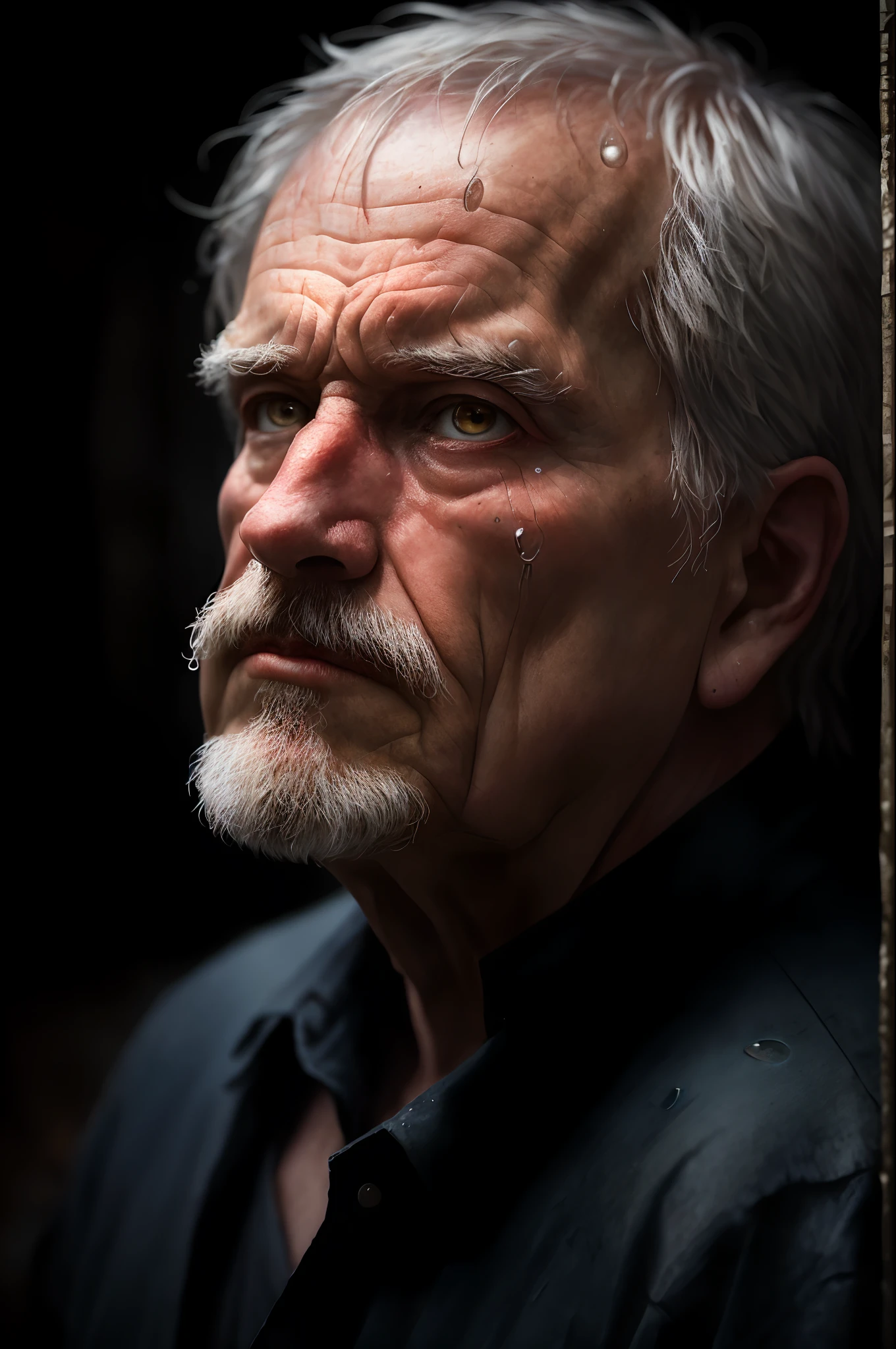 (sharp focus:1.2), an award winning photo of an old man peasant, water droplets, thunderstorm outside, lightning back lighting, , lines on face, wrinkles, extremely detailed skin, sadness, hopelessness ,cloudy eyes, (deep shadows:1.1), high contrast, beautiful eyes, absurdres, 8k, (high quality:1.3), , artstation hd, concept art, detailed face and body, award-winning photography, (moody lighting:1.2), depth of field, bokeh, 4K, HDR