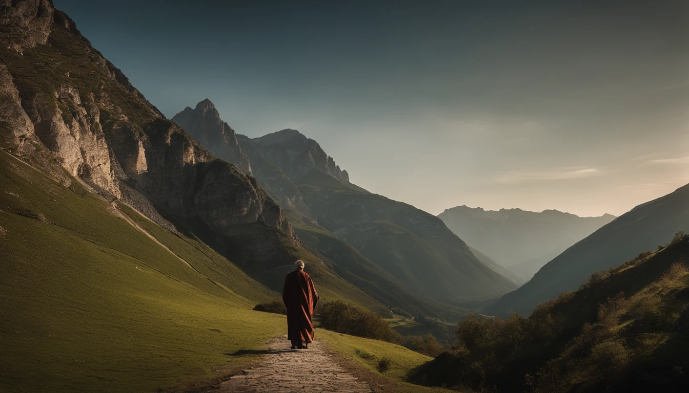 Photo of an inspiring scenery full of Italian mountains, de um homem com cerca de 90 anos, Mestre Zen careca, nas costas meditando, Ultra sharp focus, foto realista, roupas masculinas medievais, Tetrahedral colors (cicatriz:1,4)
