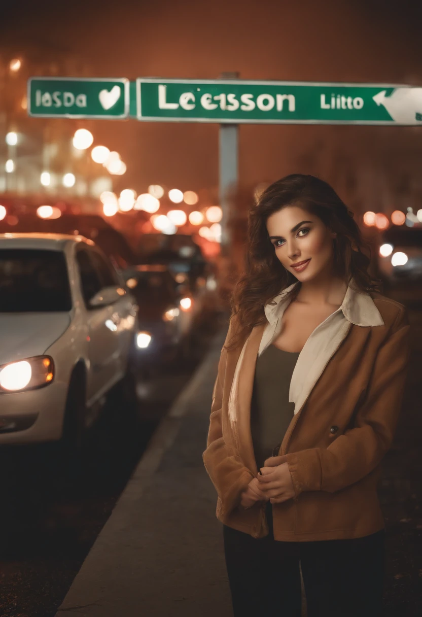 Obra maestra, La mejor calidad, 1girl, guy,small breasts,pelo corto,cana,dientes afilados,Colmillos,gargantilla,ojos azules,heart shaped pupils,cuernos de demonio,sonrojarse,(al aire libre,acera,traffic light,road sign),Mirando al espectador