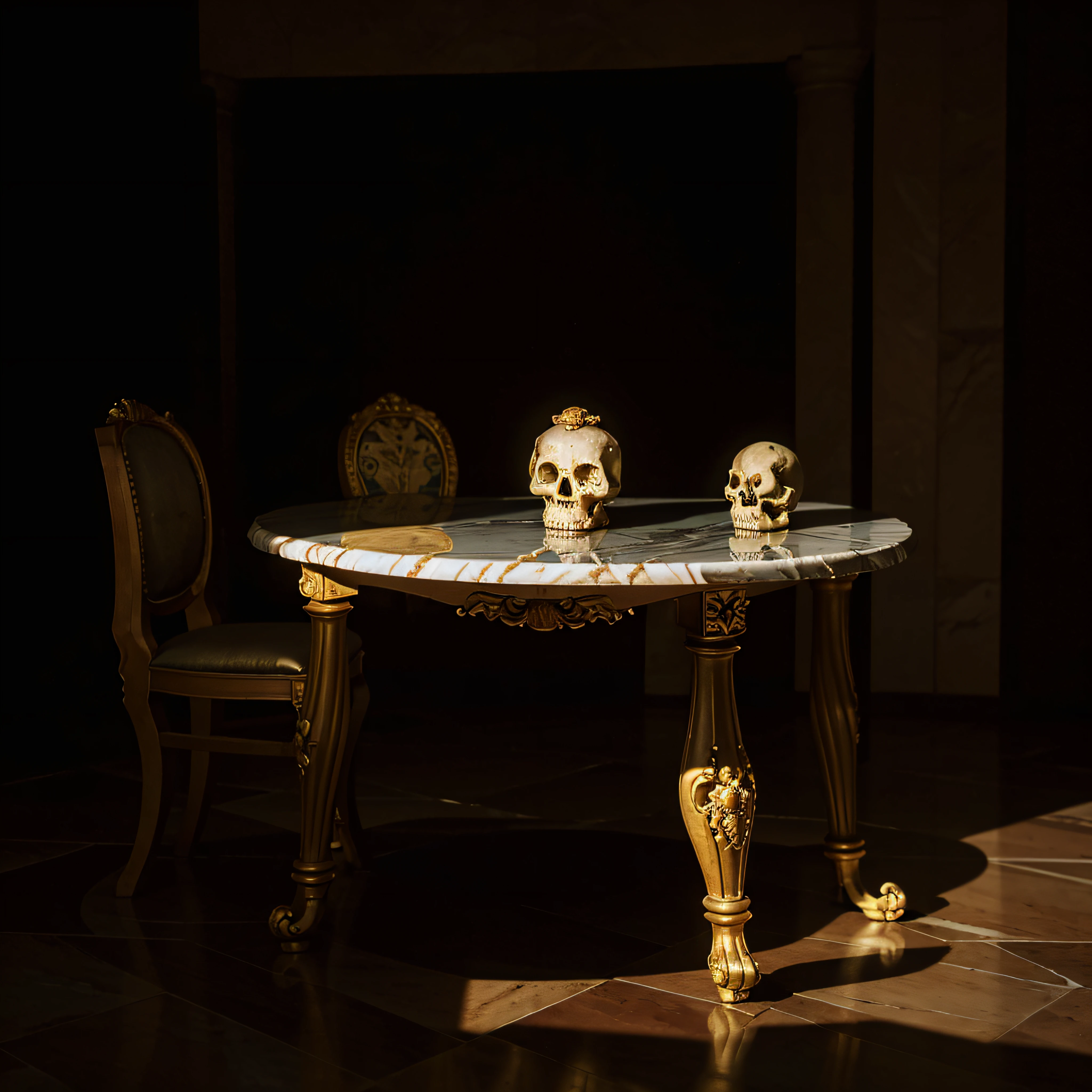 (extremadamente detallado, obra maestra, La mejor calidad, 4k), Estilo oscuro, volumetric illumination. Calaveras de cera, una encima de otra, melting into a marble table. Rococo composition.