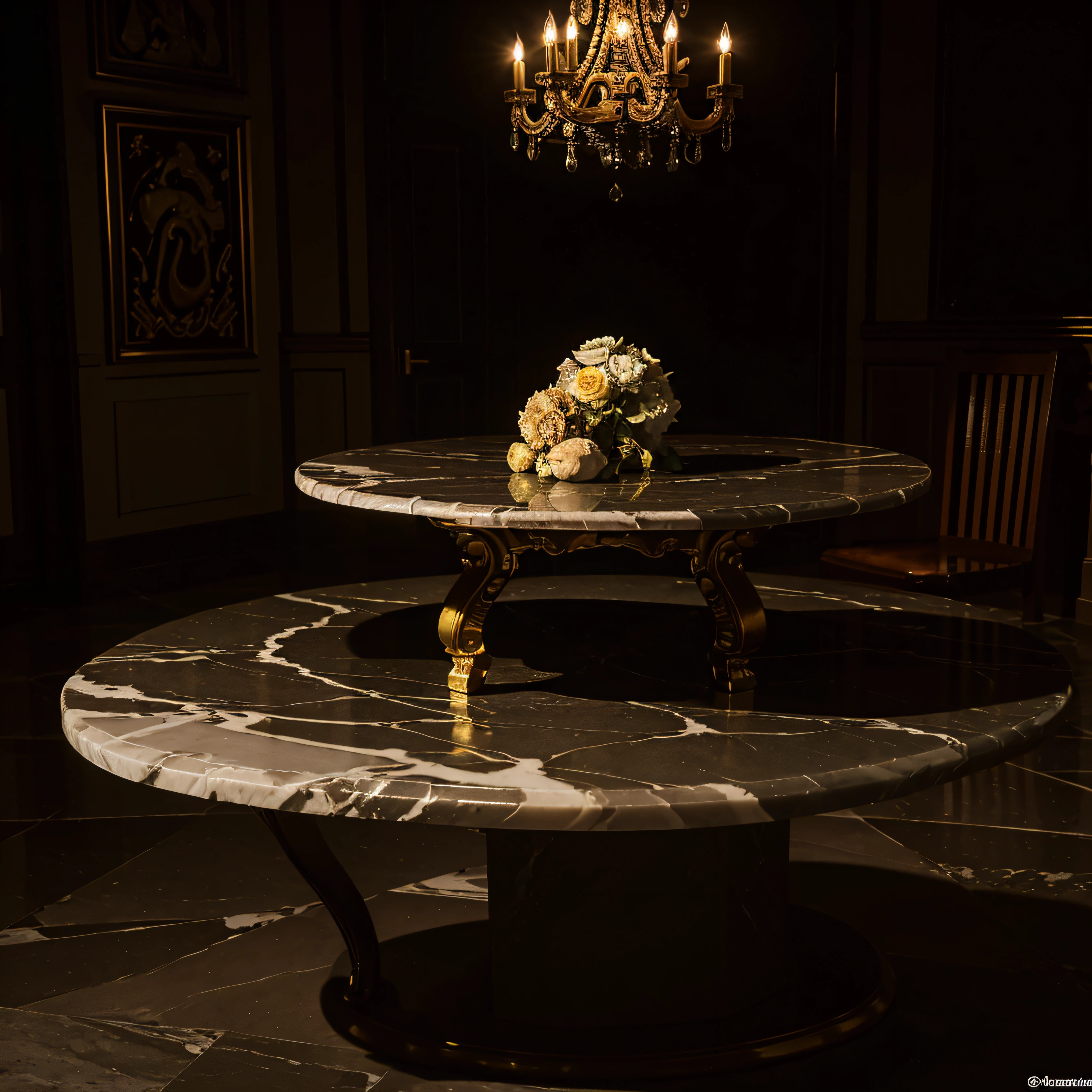 (extremadamente detallado, obra maestra, La mejor calidad, 4k), Estilo oscuro, volumetric illumination. Calaveras de cera, una encima de otra, melting into a marble table. Rococo composition.