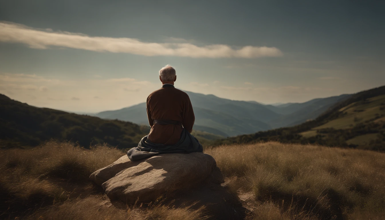 Photo of an inspiring scenery full of Italian mountains, de um homem com cerca de 90 anos, Mestre Zen careca, nas costas meditando, Ultra sharp focus, Foto realista, roupas masculinas medievais, Tetrahedral colors (cicatriz:1,4)