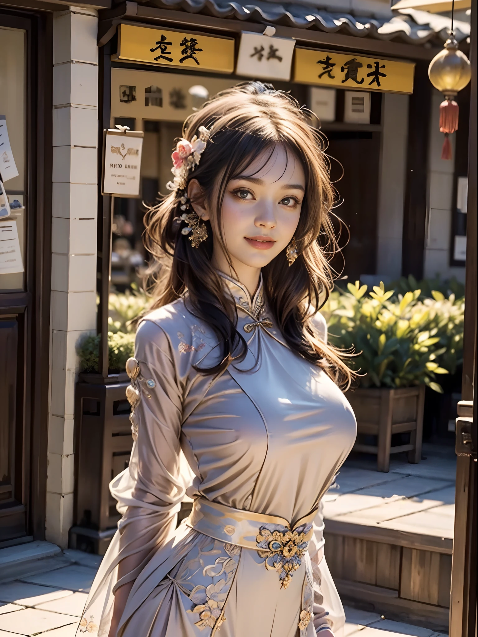 UHD, Masterpiece, High Quality, High Detail, Top Quality, Hi-Res, HD, 16k, 8k, 4K, Award-Winning BREAk, Surrealism, Realism, Depth of Field, Cinematic Lighting, Backlight, Symmetry, Bokeh, f/1.8, Eye Level Shot, 35mm, Hasselblad, Very Delicate and Beautiful, Very Detailed, Amazing, Fine Detail, Masterpiece, Best Quality, Official Art, Absurd, Incredibly ridiculous, Ultra detailed, High Definition, Very detailed, Beautiful detailed girl, ((Cowboy Shot: 1.25)), Break, Hair behind the ears, (Serious smile: 1.35), Very detailed eyes and face, Beautiful detailed eyes, Face light, 18 years old, (Red luxury cheongsam: 1.3), (Fantasy themed clothes: 1.3), Detailed clothes, (black long straight hairstyle: 1.2), detailed hair, (slender: 1.15), (huge breasts: 1.25), perfect anatomy, perfect proportions, (Ancient Chinese city background: 1.25), detailed background, (looking at the viewer, facing the viewer: 1.15), (seductive model pose), cinematic lighting.