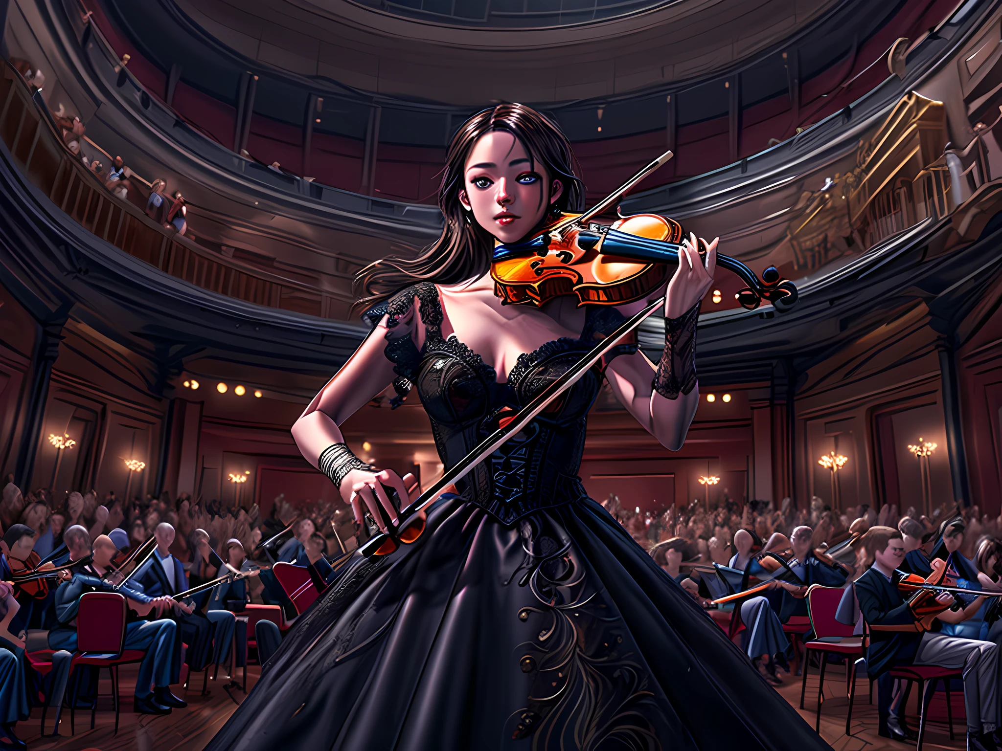 high details, best quality, 16k, [ultra detailed], masterpiece, best quality, (extremely detailed), full body, ultra wide shot, photorealistic, RAW,  realistic art, octane rendering, an ultra wide, full body, a picture  of a human female  (1.5 intricate details, Masterpiece, best quality) violinist,  playing a (violin: 1.5)  and enchanting people in a concert hall, black evening dress, epic beautiful female human [[anatomically correct]]  violinist (1.5 intricate details, Masterpiece, best quality), dynamic hair, concert hall full of crowd, many people (1.5 intricate details, Masterpiece, best quality), concert hall background, 2.5D rendering
