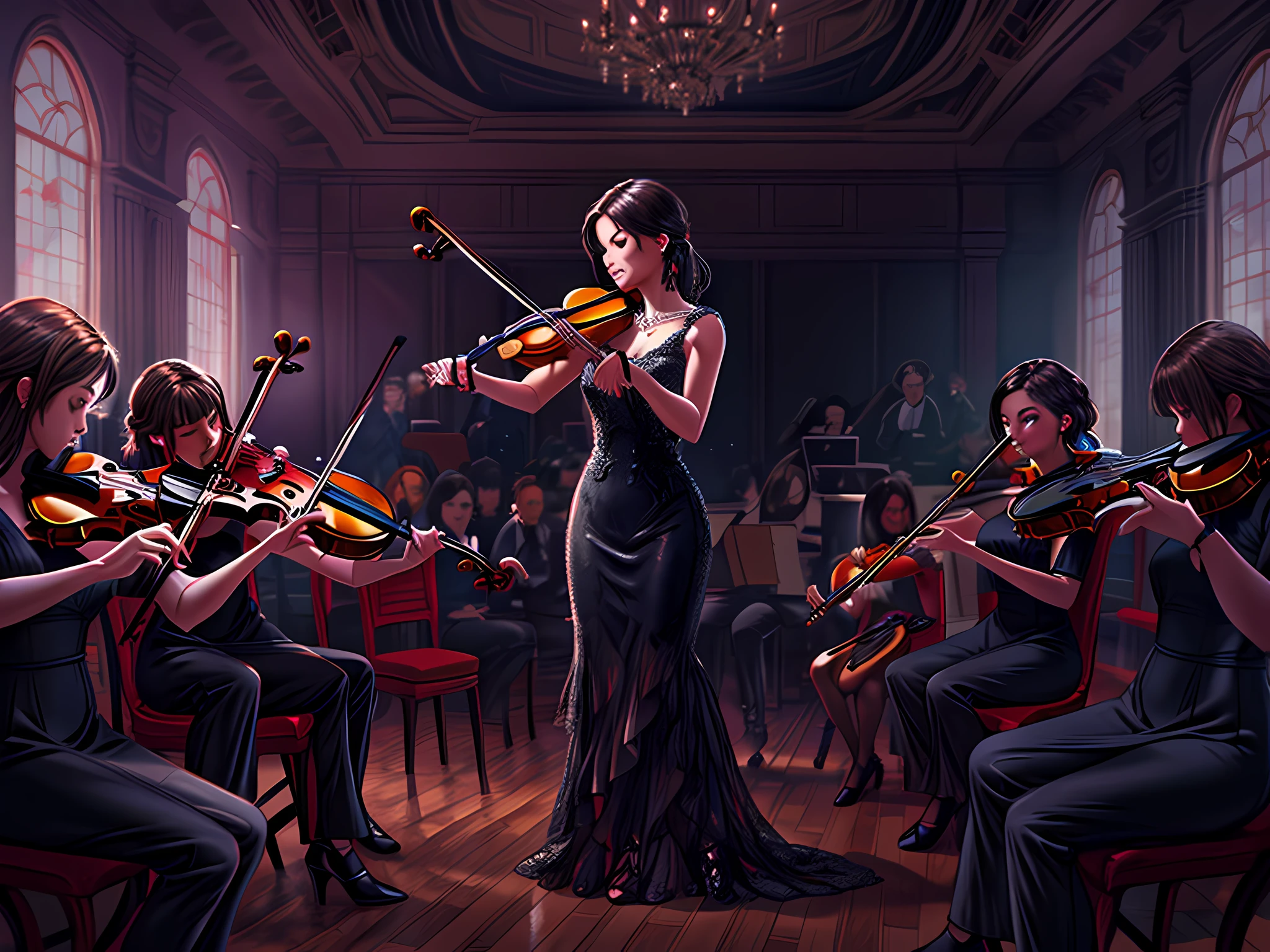 high details, best quality, 16k, [ultra detailed], masterpiece, best quality, (extremely detailed), full body, ultra wide shot, photorealistic, RAW,  realistic art, octane rendering, an ultra wide, full body, a picture  of a human female  (1.5 intricate details, Masterpiece, best quality) violinist,  playing a (violin: 1.5)  and enchanting people in a concert hall, black evening dress, epic beautiful female human [[anatomically correct]]  violinist (1.5 intricate details, Masterpiece, best quality), dynamic hair, concert hall full of crowd, many people (1.5 intricate details, Masterpiece, best quality), concert hall background, 2.5D rendering