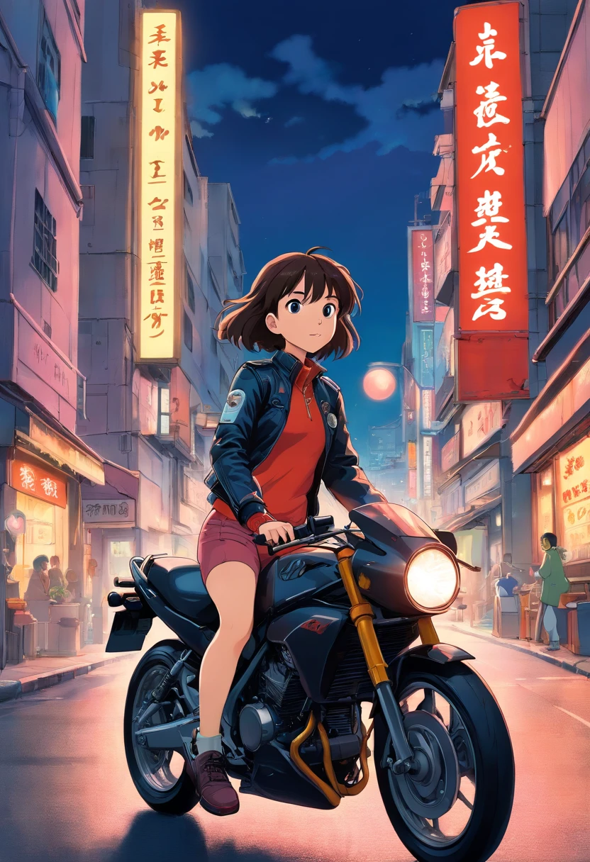 (high quality,realistic,masterpiece:1.2) A girl on a motorcycle, vibrant colors, intense shadows, motorbike racing suit, shiny black leather jacket, windblown hair, detailed eyes, determined expression, roaring engine sounds, blurred city lights, nighttime setting, adventurous spirit, dynamic composition, futuristic vibes, speed and movement, neon-lit streets, urban environment, powerful machine, exciting atmosphere.