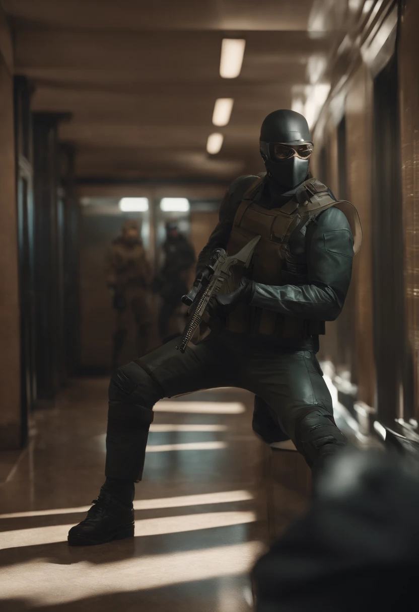 In the hallway is a man wearing a mask and a gun., Bank heist movie, Traje sigiloso, Arte de personaje renderizado en 3D 8 K, cyberpunk street goon, Bank Robbery Film, Vanguard Teen Assassin, Agente de seguridad, Jetstream Sam de Metal Gear Solid, Robo a un banco, metal gear solid style, Badass Anime 8K, Antecedentes del juego Resident Evil, Personajes de videojuegos, Acaparamiento de dinero