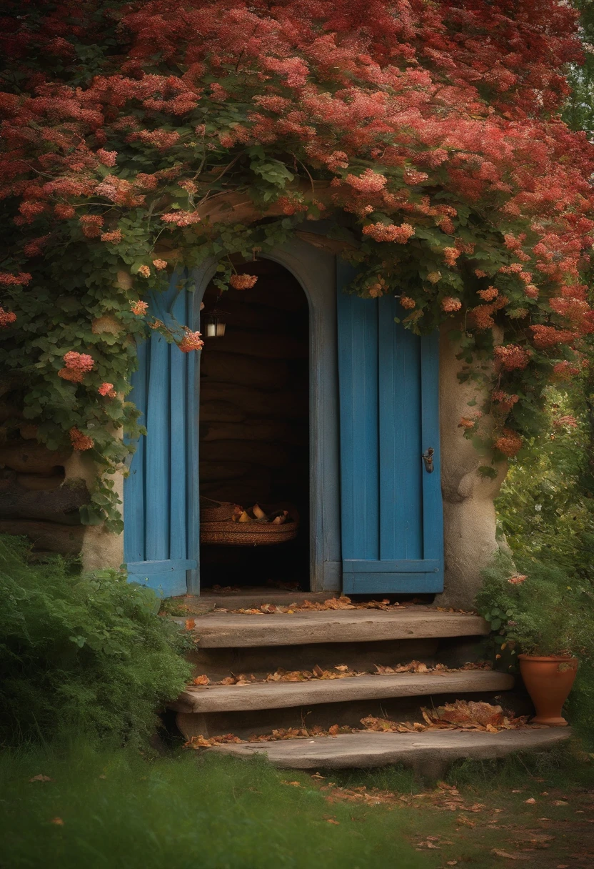 The hut of the day Pale leaves and colored flowers drifting Walls crawling with vines Doors and windows painted blue closed, Quietly, the eaves droop down the swing, the wind chimes clang, and the door opens,A faint smell of grass rushes towards you, stepping on the fallen leaves,Step inside and fire jumping in the fireplace A cup of fragrant tea on the table Waiting for the host to come home