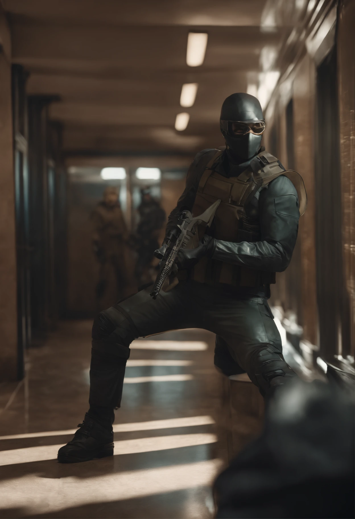 In the hallway is a man wearing a mask and a gun., Bank heist movie, Traje sigiloso, Arte de personaje renderizado en 3D 8 K, cyberpunk street goon, Bank Robbery Film, Vanguard Assassin, Agente de seguridad, Jetstream Sam de Metal Gear Solid, Robo a un banco, metal gear solid style, Badass Anime 8K, Antecedentes del juego Resident Evil, Personajes de videojuegos, Acaparamiento de dinero