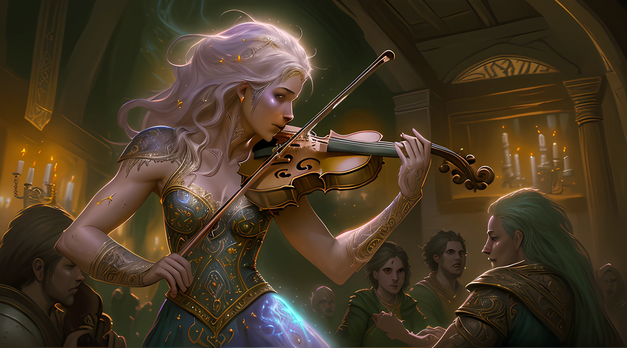 an ultra wide, full body, a picture  of a human female   (intense details, Masterpiece, best quality: 1.5) fantasy bard, fantasy enchanter,  playing a flute and enchanting people with magical song, colorful clothes, dynamic clothing, epic beautiful female bard (intense details, Masterpiece, best quality: 1.5),  ultra detailed face (intense details, Masterpiece, best quality: 1.5), dynamic hair, tavern full of crowd, many people (intense details, Masterpiece, best quality: 1.5), bard playing the flute and enchanting audience  (intense details, Masterpiece, best quality: 1.5), candles lights, fantasy chandelier, magical notes, magical sigils in the air  (intense details, Masterpiece, best quality: 1.5) high details, best quality, 8k, [ultra detailed], masterpiece, best quality, (extremely detailed), dynamic angle, ultra wide shot, photorealistic, RAW,  fantasy art, dnd art,fantasy art, realistic art,