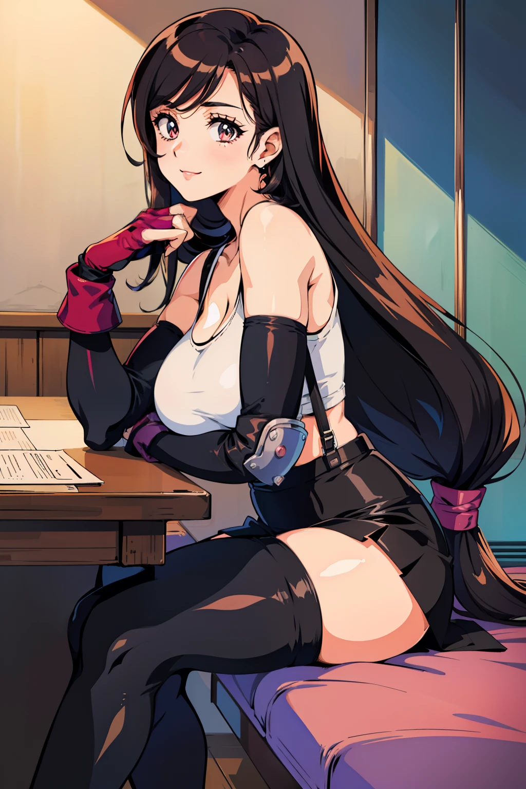 (flat color:1.2), vivid colors, best quality, high resolution, solo, indoors, (huge breasts:1.3), retro anime, sharp, Defined lines, Detailed, makeup, Beautiful face, gorgeous eyes, smile, defTifa, white crop top, elbow pad, fingerless gloves, suspenders, pencil skirt, black socks, from side, sitting