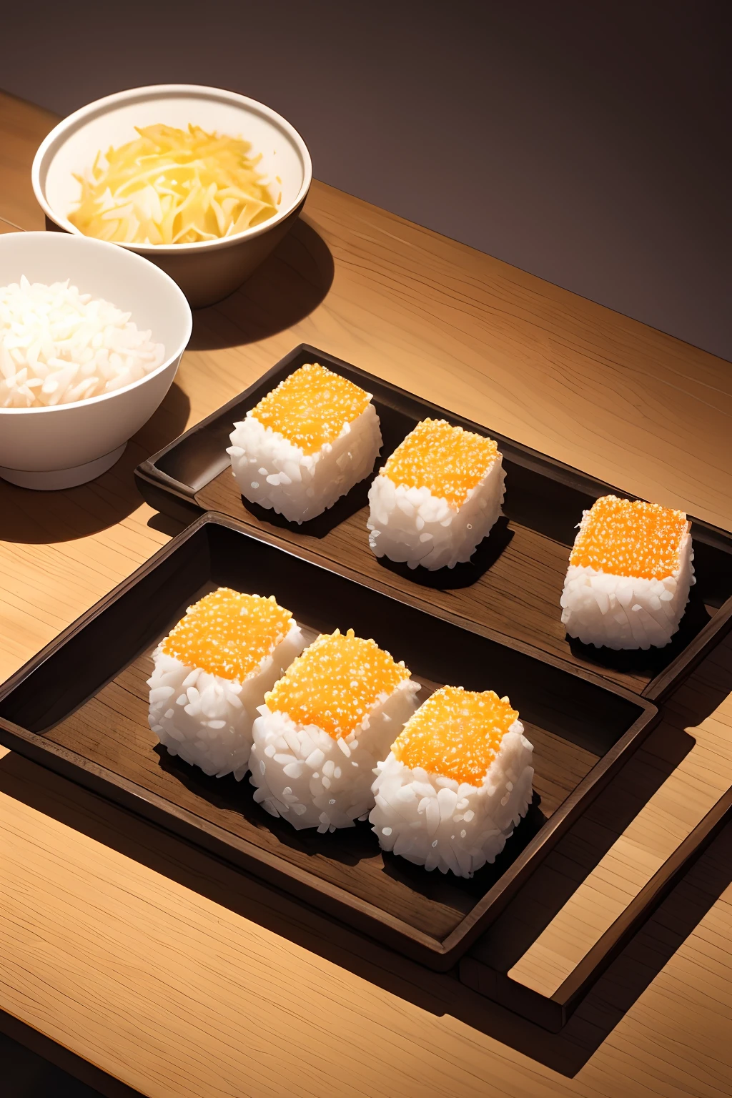 (best quality,4k,8k,highres,masterpiece:1.2),ultra-detailed,(realistic,photorealistic,photo-realistic:1.37),Japanese cuisine,rice ball,traditional food,nigiri,delicious and beautifully crafted onigiri,wrapped in nori seaweed,savory fillings,seaweed patterns,colorful and appetizing,authentic Japanese flavors,toasted sesame seeds,simple yet elegant presentation,Japanese tableware,wooden chopsticks,perfectly formed triangles,lovingly made by skilled hands,subtle variations in shape and size,fresh ingredients,tempting aroma,scrumptious and satisfying bite,precise rice molding,meticulous attention to detail,light and fluffy rice,adorned with edible flowers,fine balance of flavors,mouthwatering taste,served with soy sauce and pickled ginger,traditional yet modern twist,onigiri in creative shapes and animal designs,vibrant food photography,highlighting the artistry in Japanese culinary aesthetics,natural lighting,soft shadows and highlights,beautifully captured on a wooden table,creating a sense of warmth and comfort.