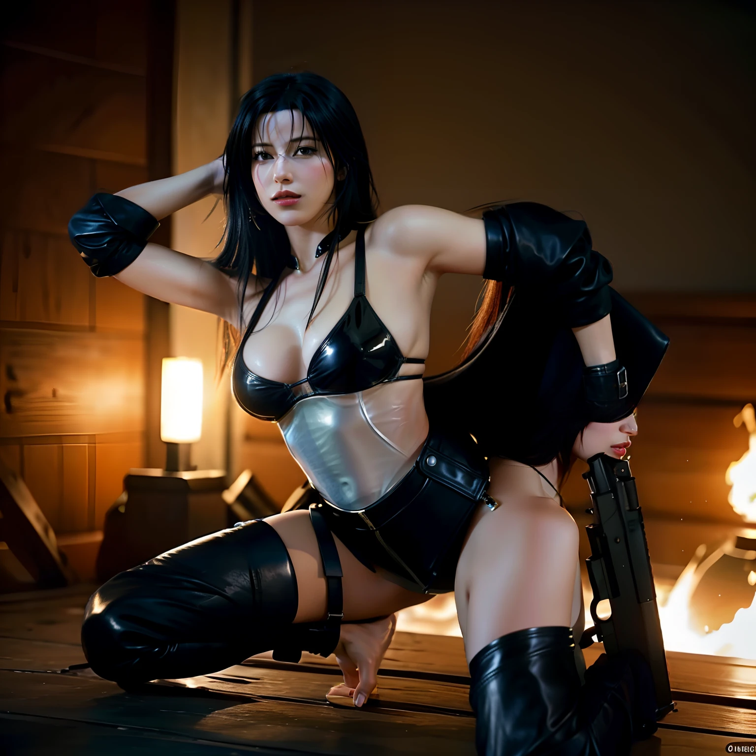 An Arabe woman in a leather suit poses for a photo with a gun, Tifa Lockhart, alluring tipha lockhart portrait, Charming Tifa Lockheart, ff Tifa, tifa lockheart, quiet from metal gear solid, tifa lockhart portrait, beautiful female assassin, Inspired by Masamune Shirow, tithi luadthong, cyberpunk angry gorgeous goddess