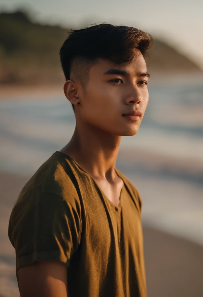 20-year-old boy with Indonesian face and round chin without beard, short hair, two-block haircut, on the beach, black eyes, no pimples on his face, 4k