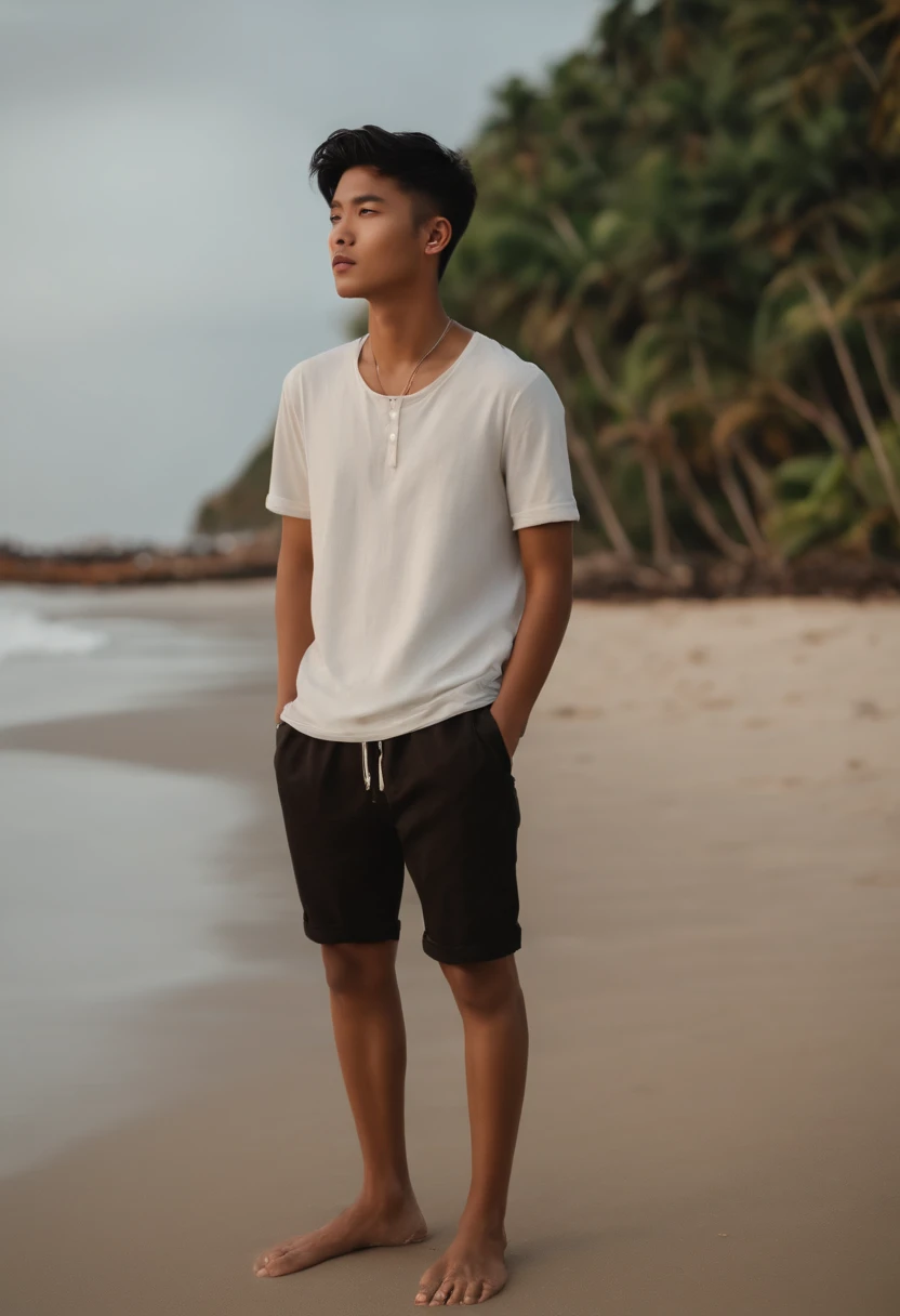 20-year-old boy with Indonesian face and round chin without beard, short hair, two-block haircut, on the beach, black eyes, no pimples on his face, 4k