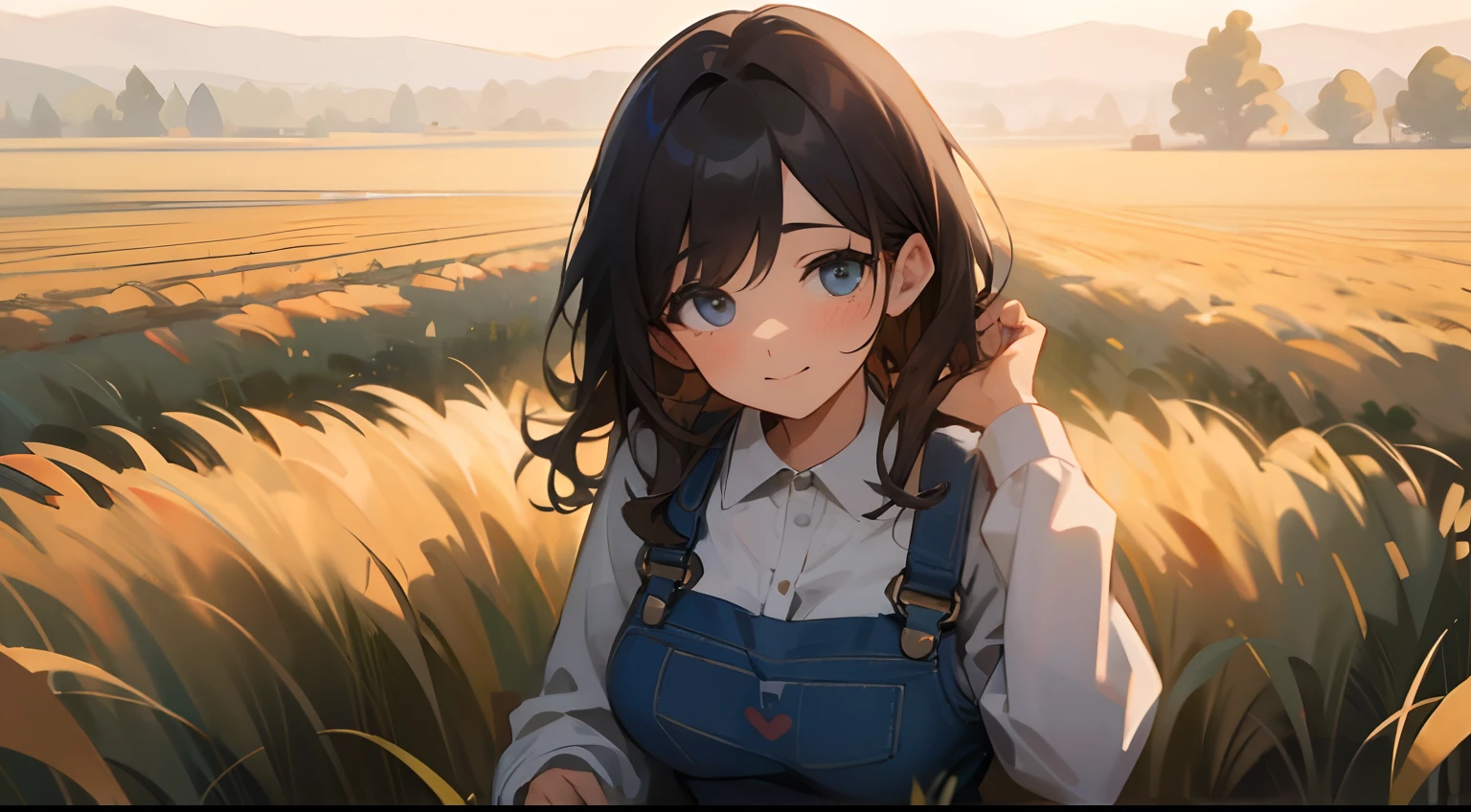 (masterpiece,best quality), milf, farmer, field, overalls, big breasts, looking at viewer, {top view|bottom view|middle view}, {long hair|short hair}, (wavy hair:0.8), {fantasy|modern|science fiction}, {dawn|day|night}, {blue eyes|black eyes|grey eyes}, {shy|happy|sad|smile|happy face}, cleavage
