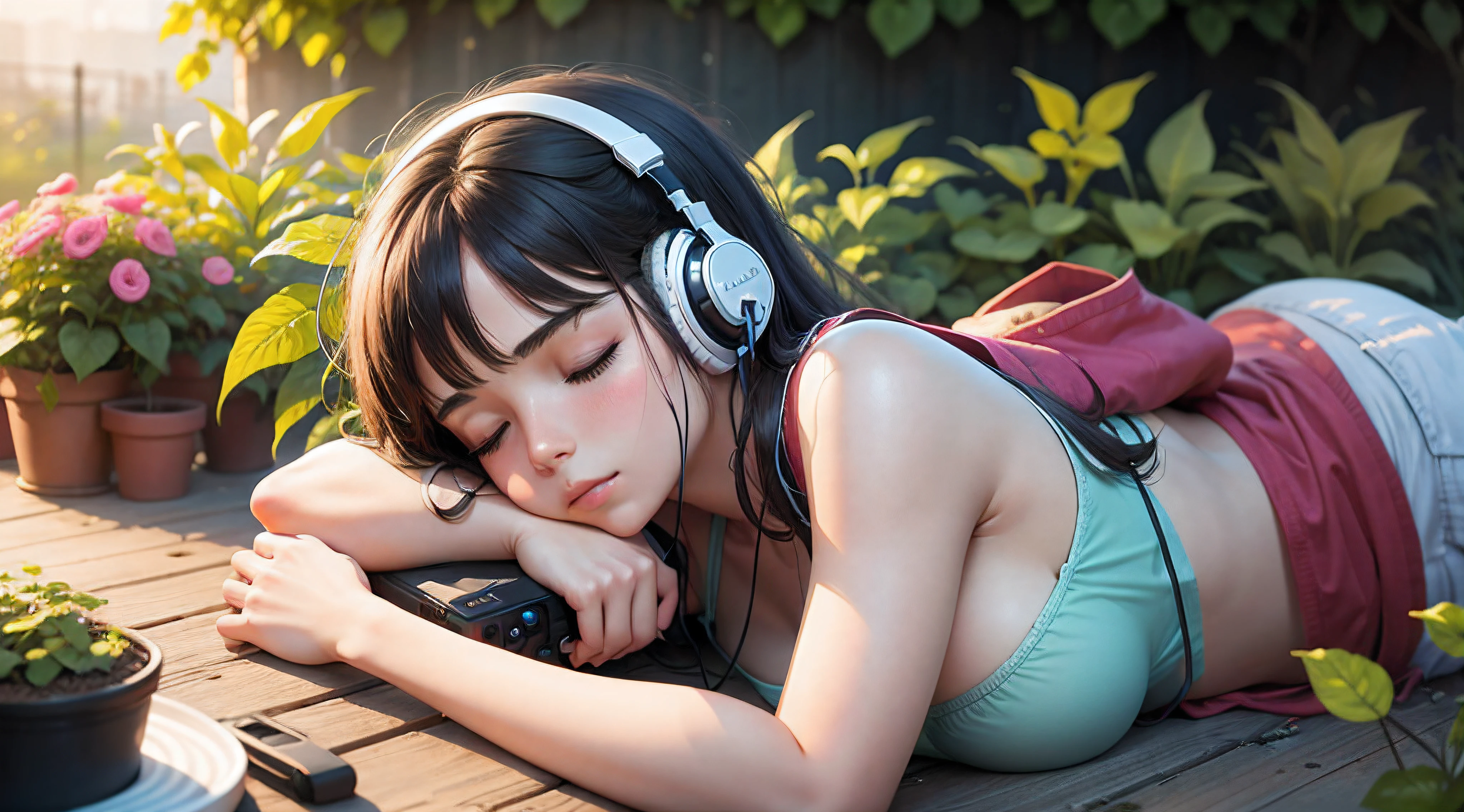 Imagina a una deslumbrante joven, con un rostro perfectamente esculpido y de una belleza inigualable, sleeping peacefully with an expression of serenity, while immersing yourself in your favorite music through stylish headphones. The scene unfolds in a dream environment, where nature and tranquility merge in perfect harmony. The subtle rays of the sun caress the room, creando suaves sombras que contribuyen a un ambiente sereno e invitante. All this further highlights the perfection of the young woman in this idyllic setting..